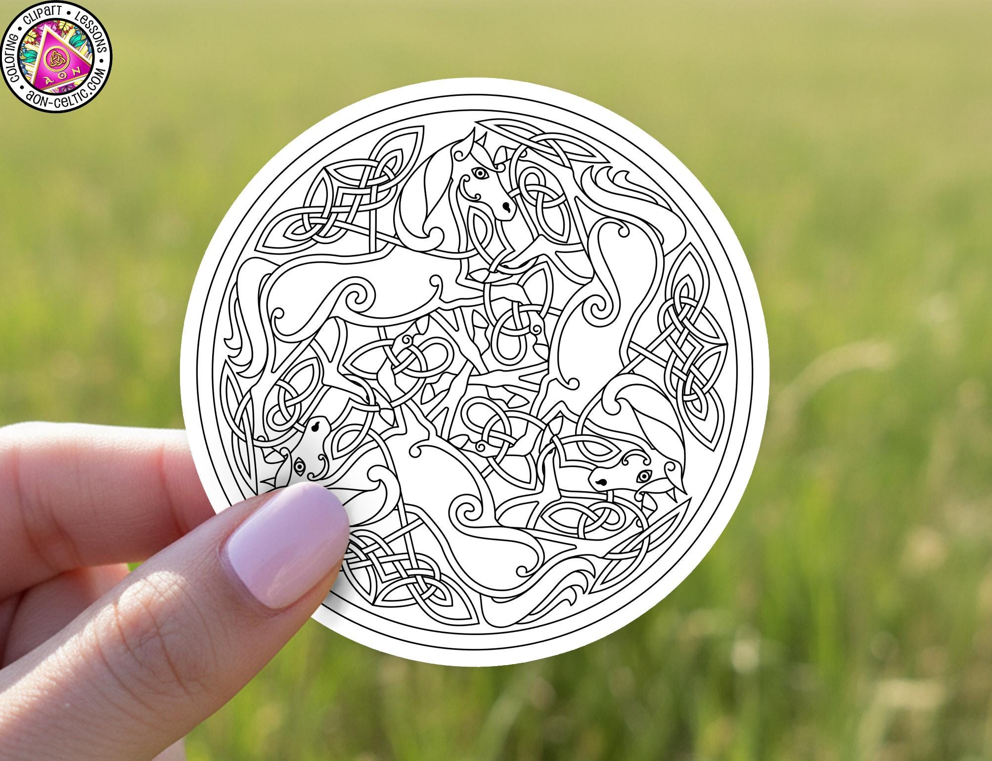 A hand holding a circular sticker with an intricate Celtic knot design.