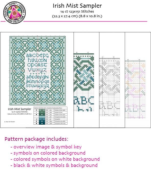 The image is a detailed cross-stitch sampler for the Irish Mist Sampler, featuring various patterns and symbols. It includes a key, symbols on colored backgrounds, colored symbols on white backgrounds, black and white symbols, and a color palette. The package also includes an overview image and a symbol key, as well as symbols on colored backgrounds and colored symbols on white backgrounds.
