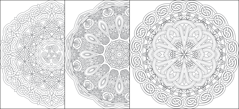 a set of three coloring pages with intricate designs