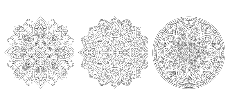 three intricate mandala designs, each with a unique and elaborate pattern. The designs are arranged in a row, showcasing the diversity and complexity of the mandala art.