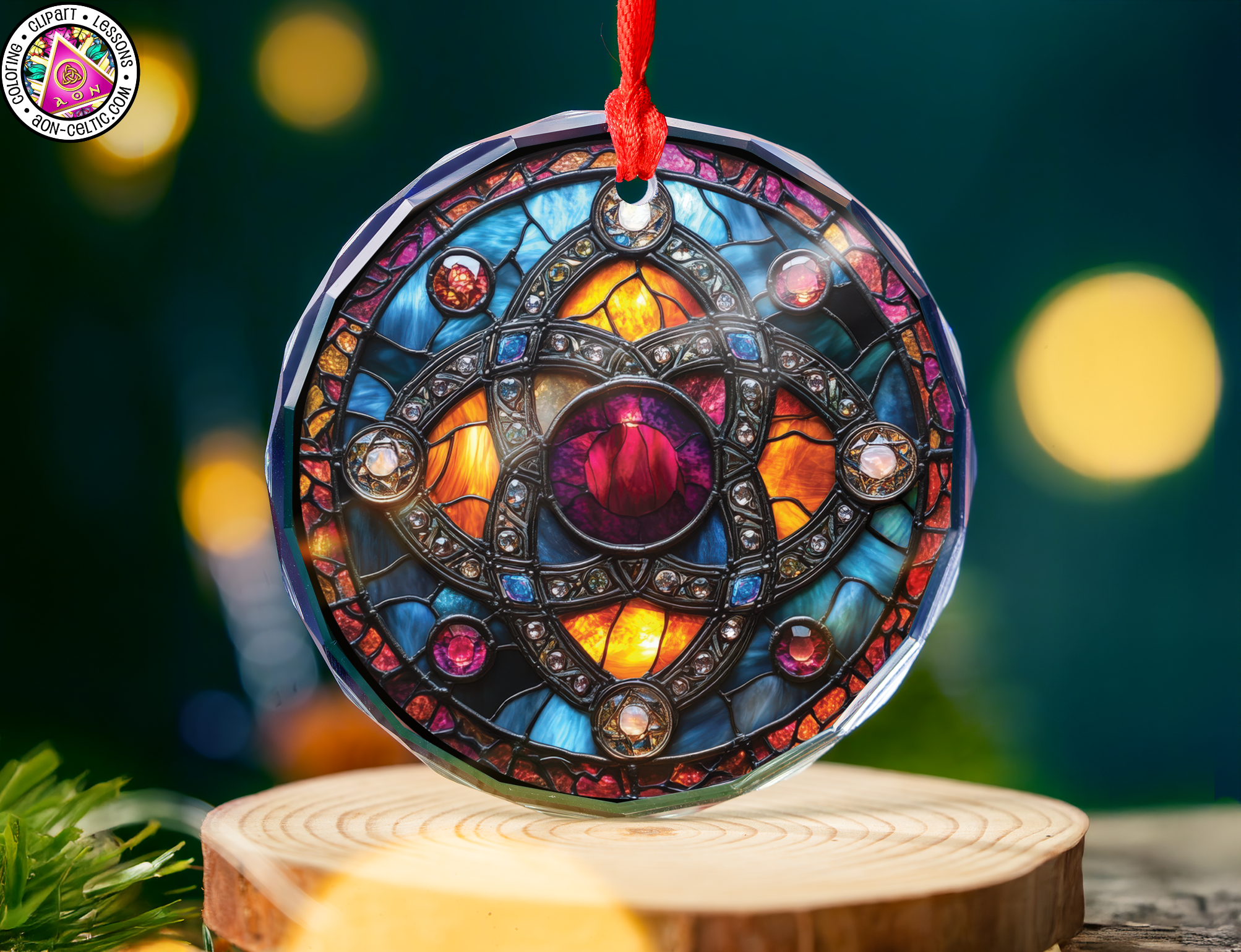 a stained glass ornament hanging from a string