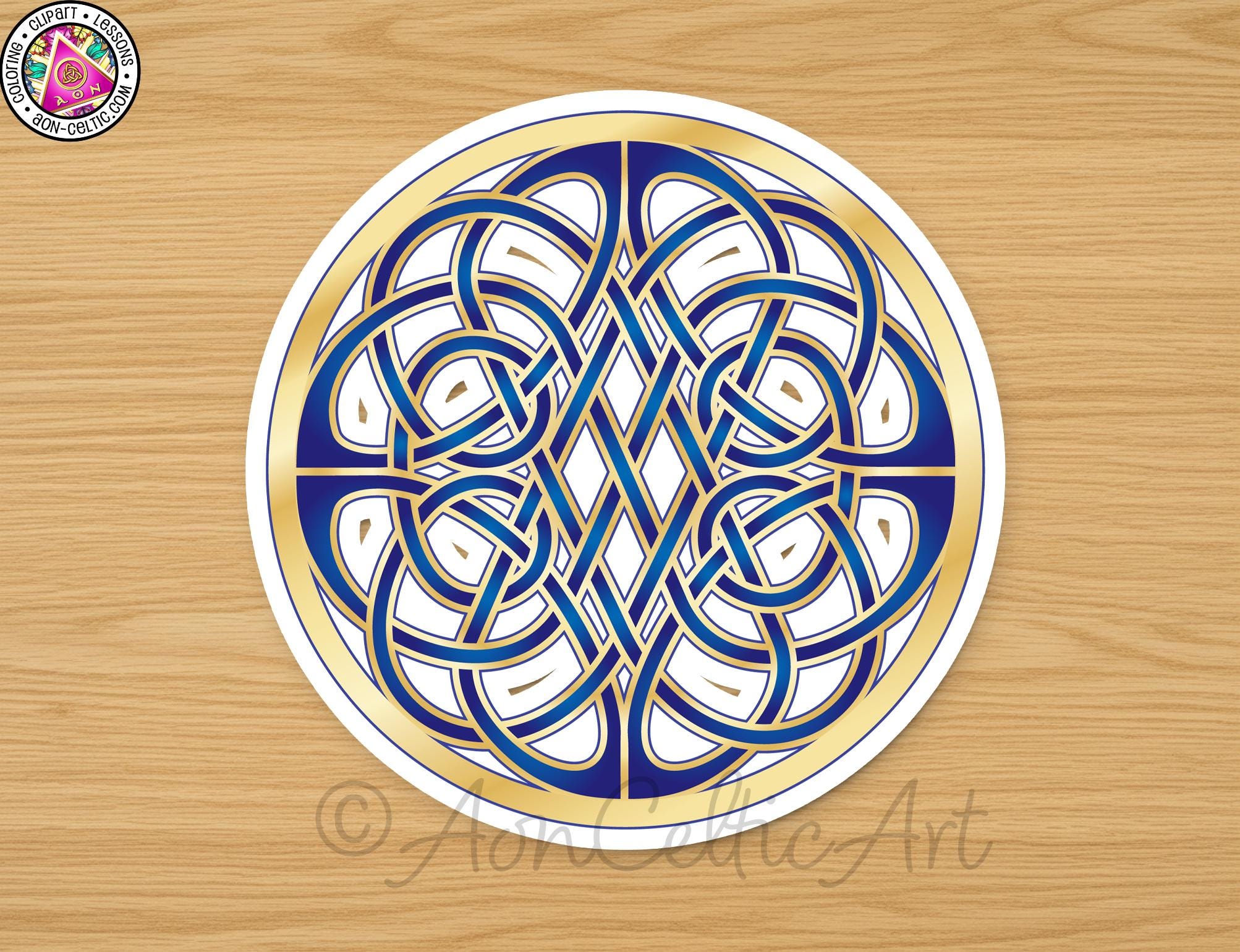 a circular design with intricate blue and gold patterns, resembling a Celtic knot or a Celtic knot design.