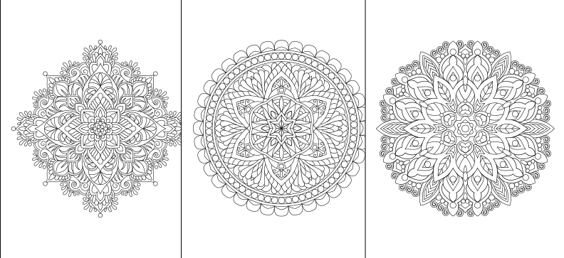 three intricate mandala designs, each with a unique and complex pattern. The mandala designs are arranged in a row, showcasing the artist's skill and creativity in creating these visually appealing and detailed patterns.
