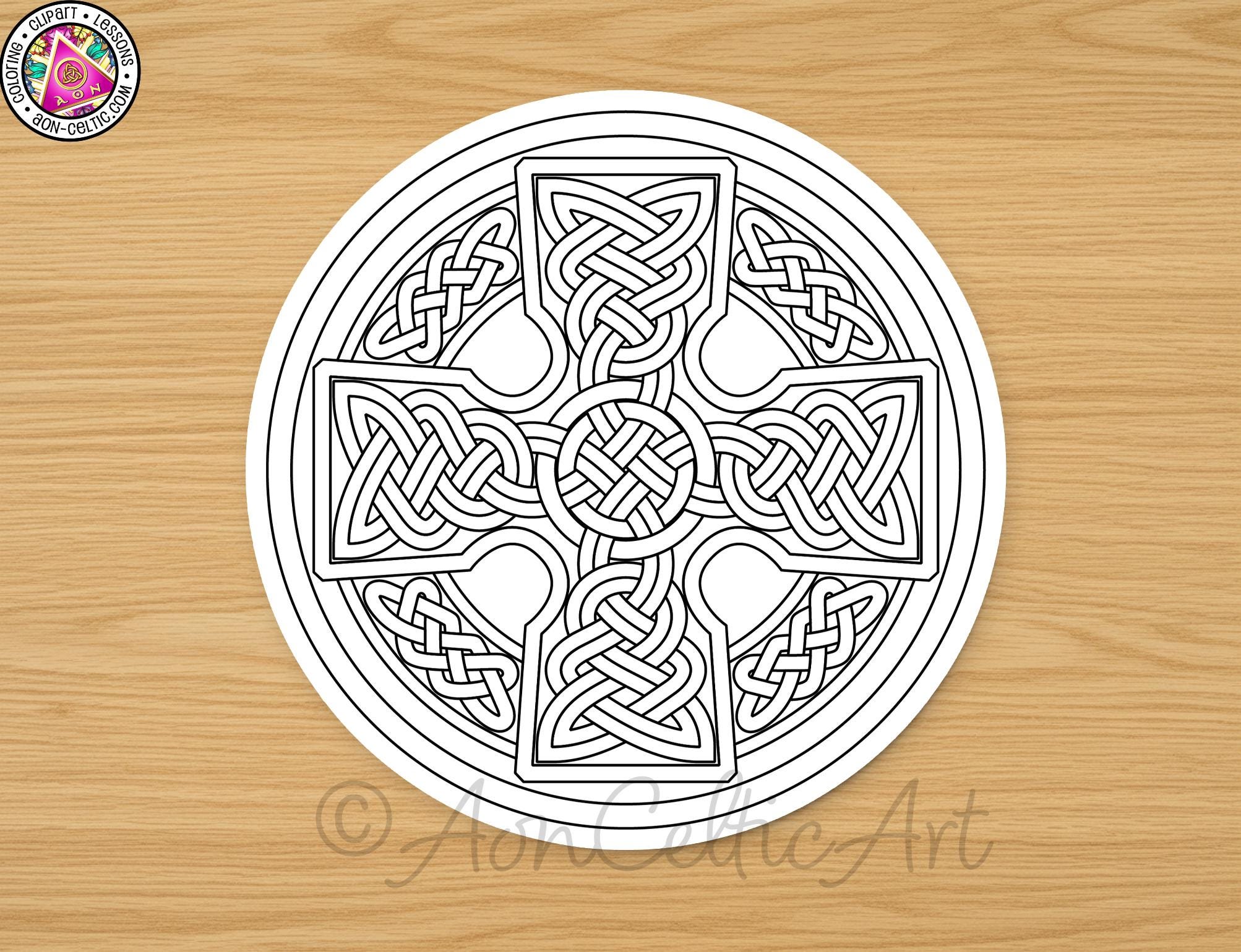A detailed illustration of a Celtic cross design on a wooden surface.