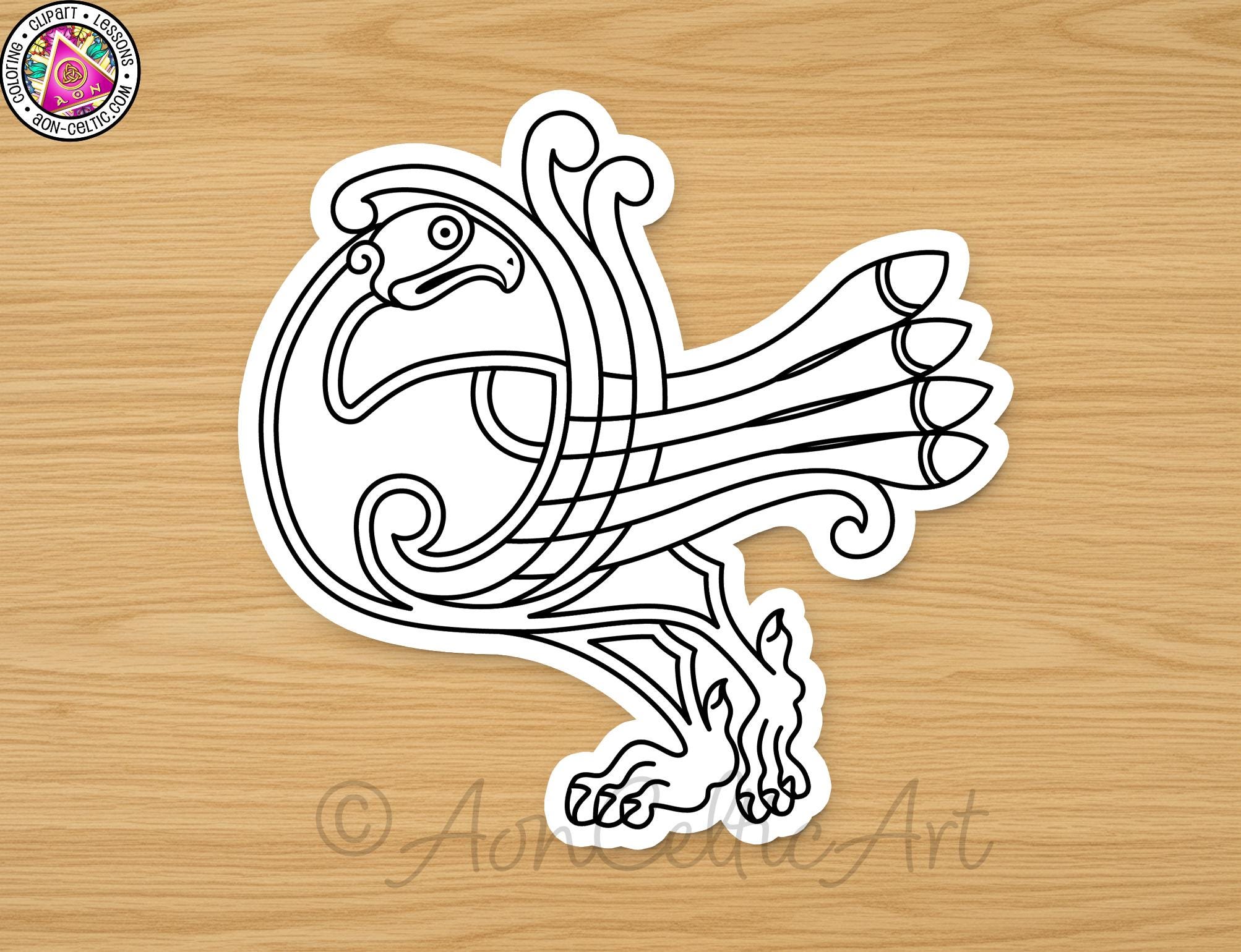 A stylized black and white illustration of a bird with intricate, swirling lines and patterns, resembling a Celtic or Celtic-inspired design.