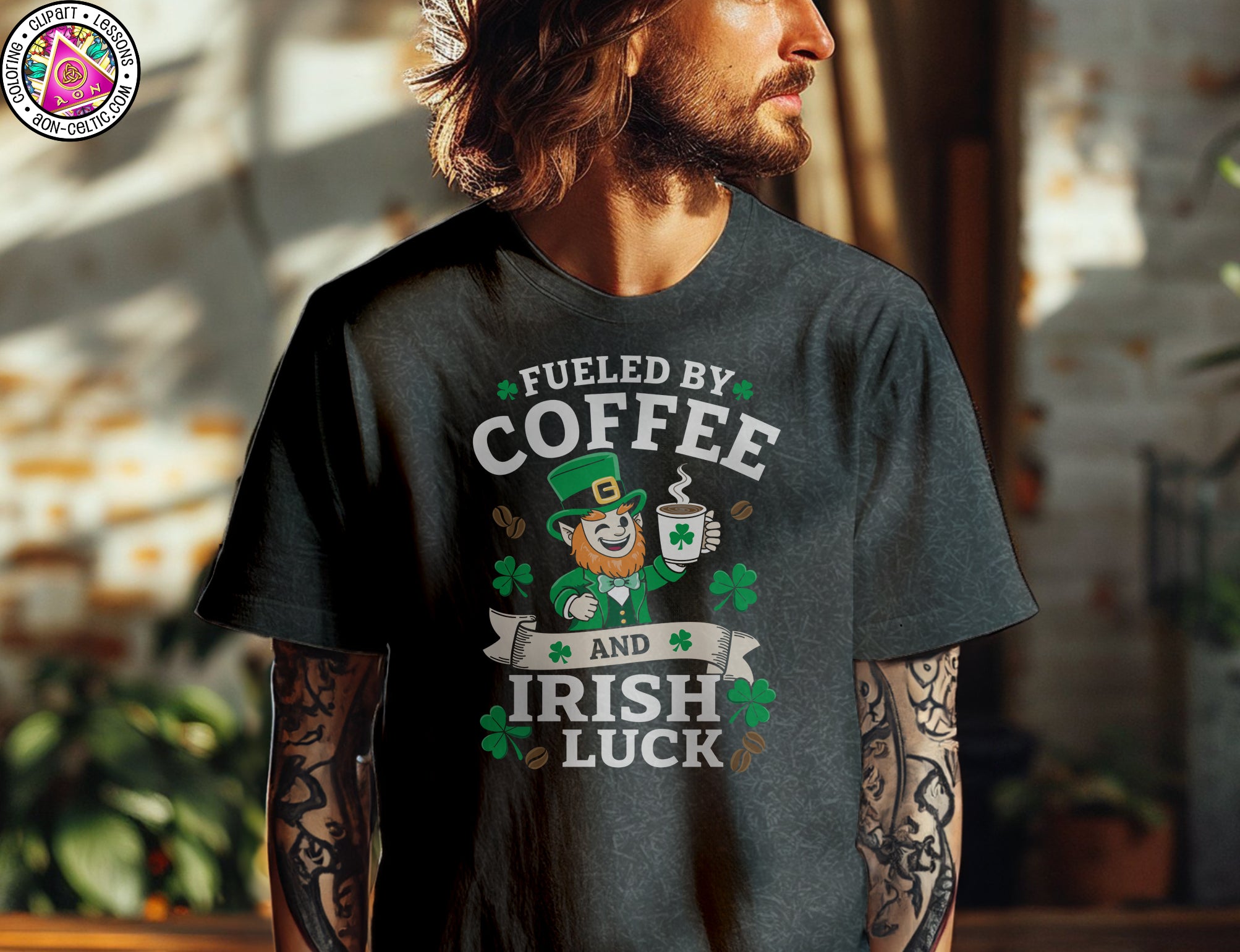 a man with long hair wearing a t - shirt that says fueled by coffee and