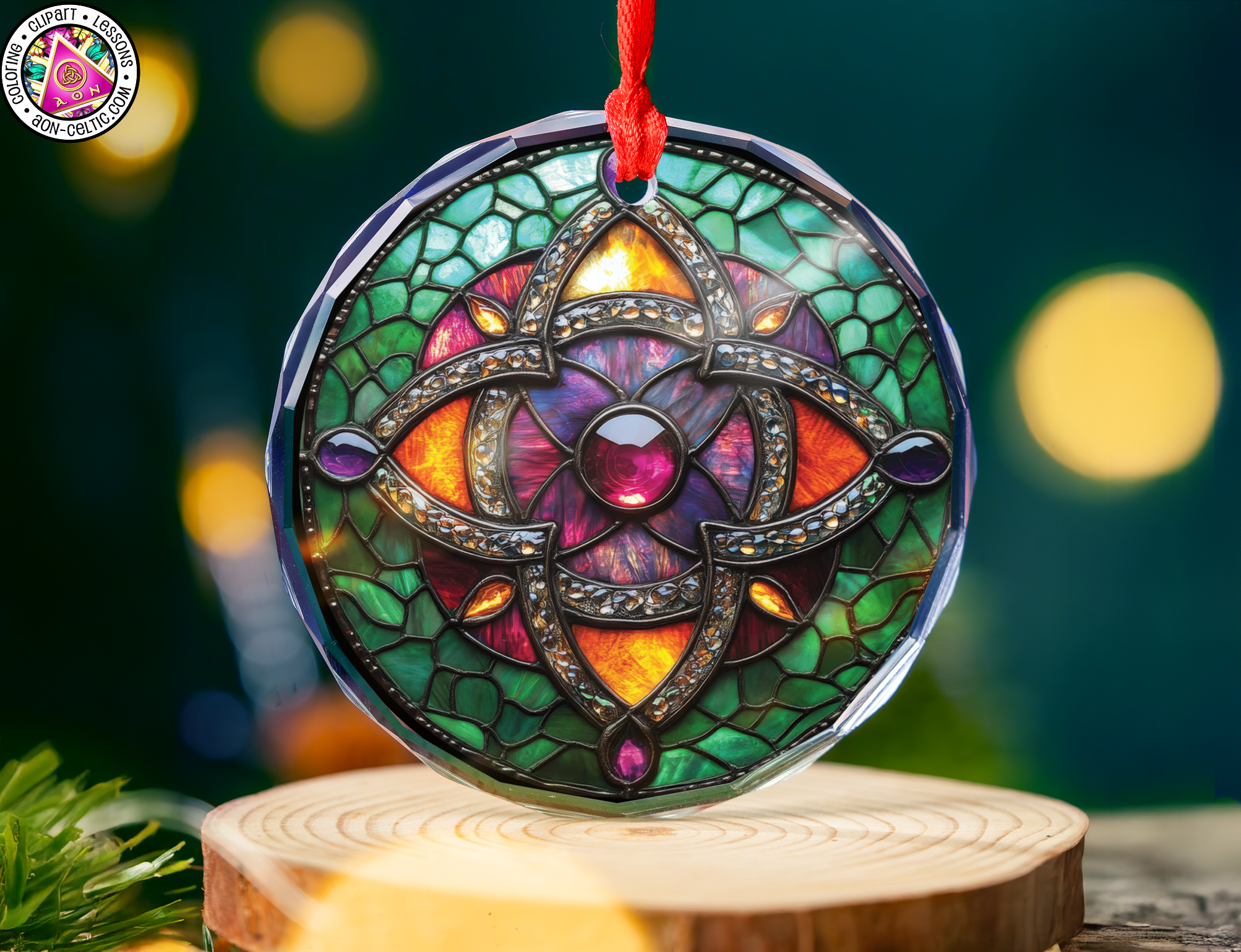 a stained glass ornament hanging from a string