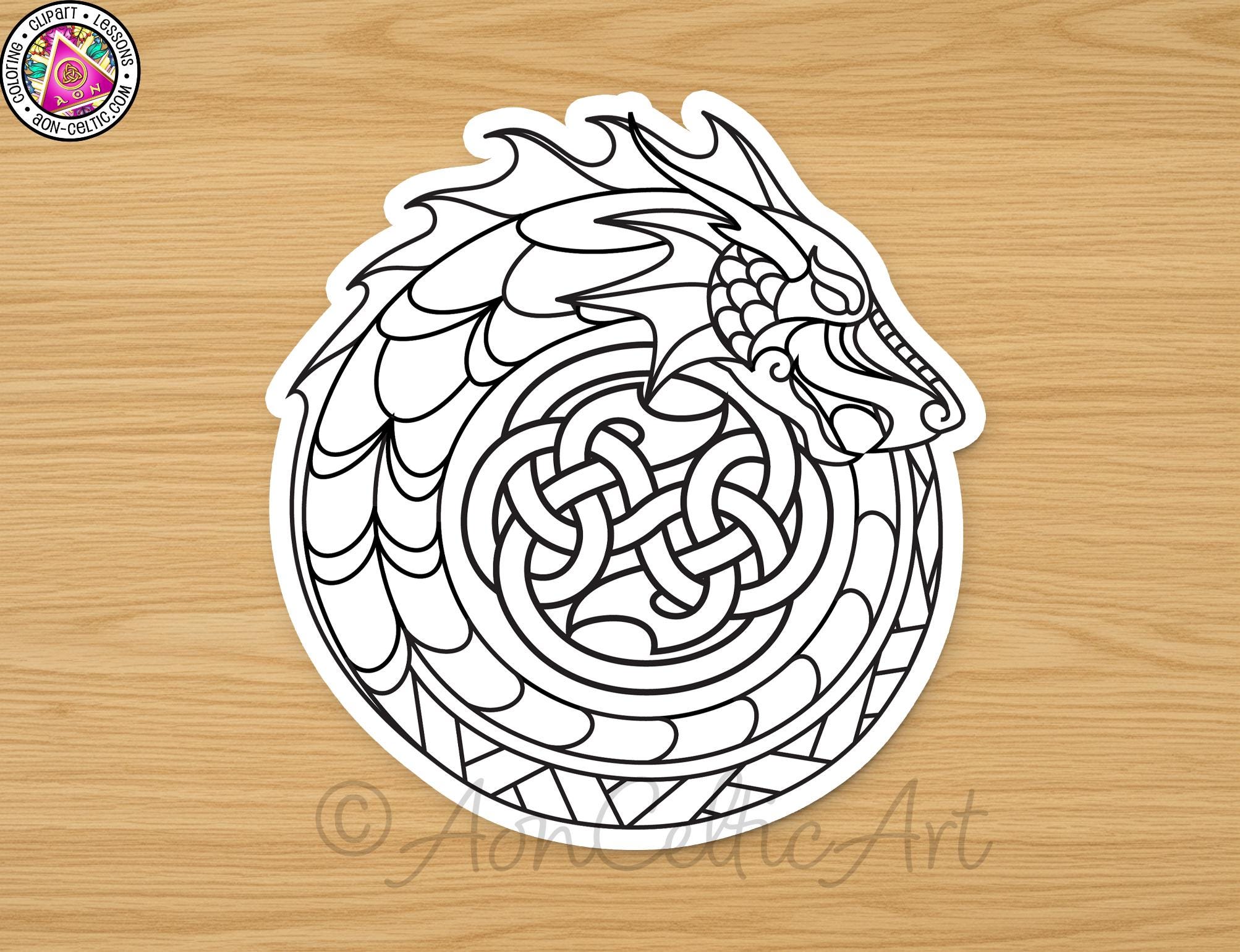 A black and white illustration of a dragon-like creature with intricate, swirling patterns and designs.