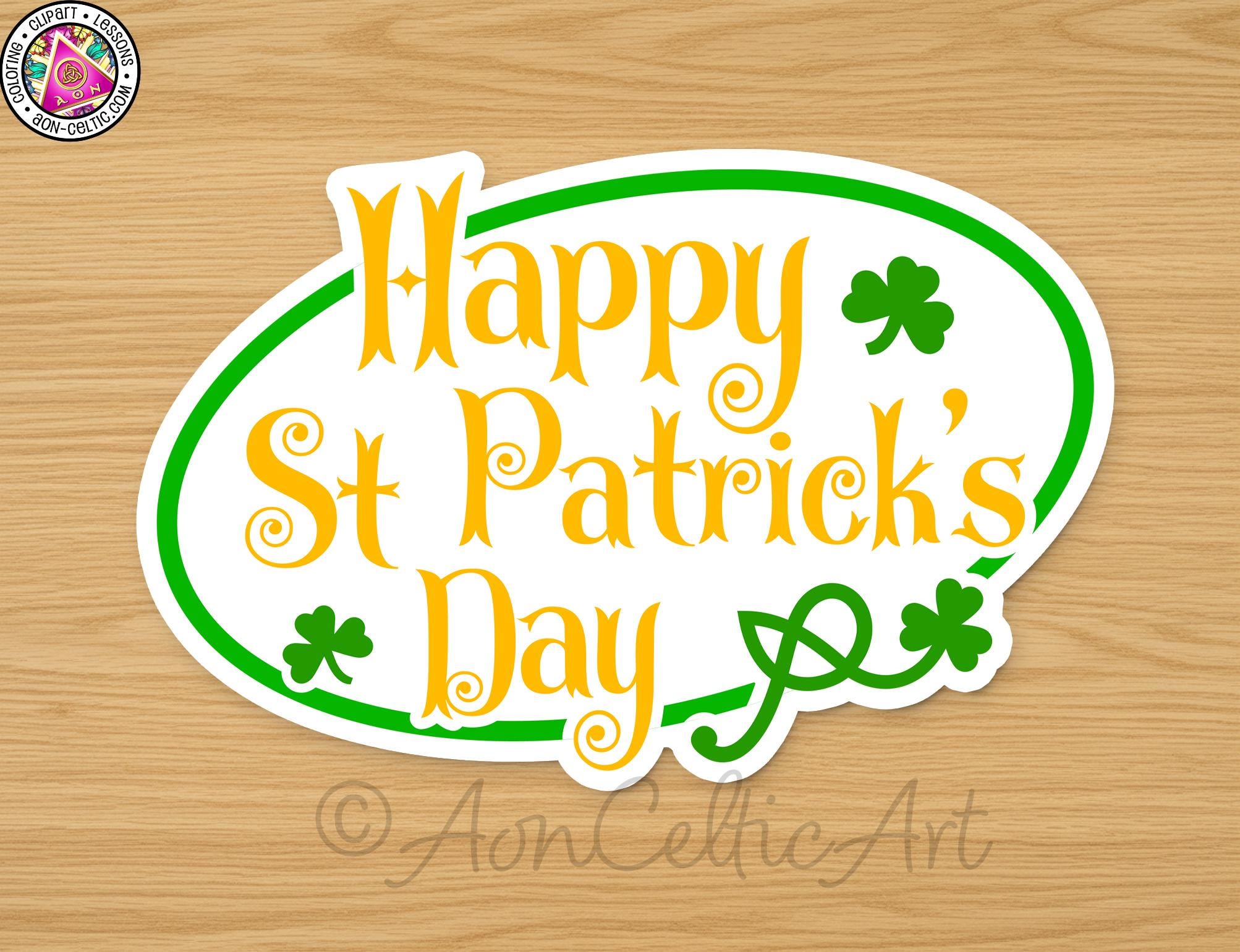 a circular sticker with the text "Happy St. Patrick's Day" written in a decorative font.