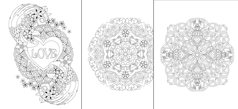 two coloring pages with hearts and flowers on them