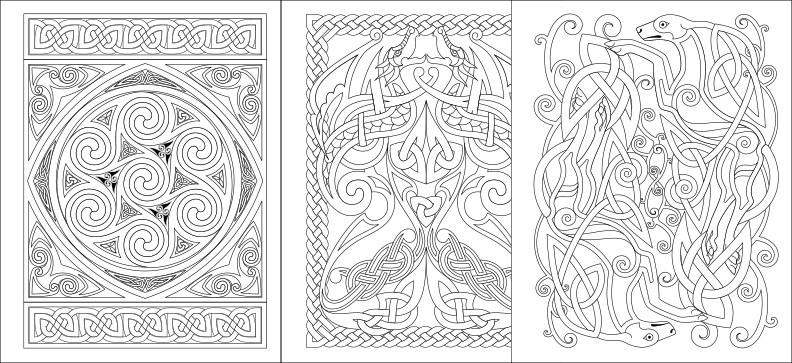 two pages of a coloring book with intricate designs