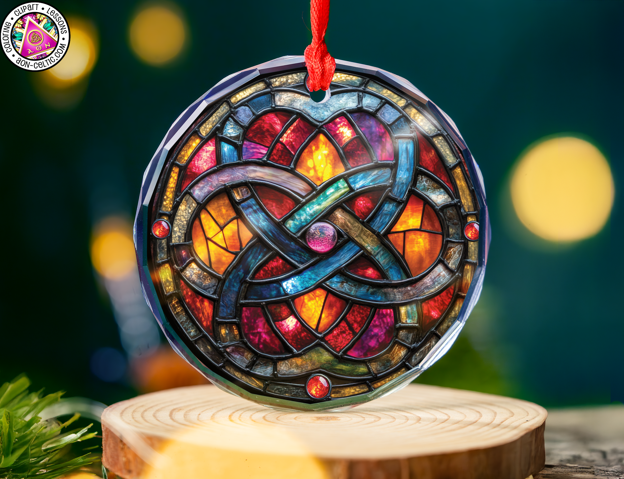 a stained glass ornament hanging from a string