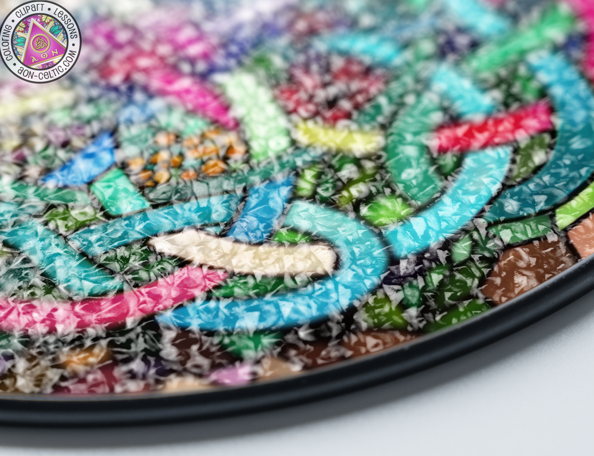 a close up of a colorful plate on a table