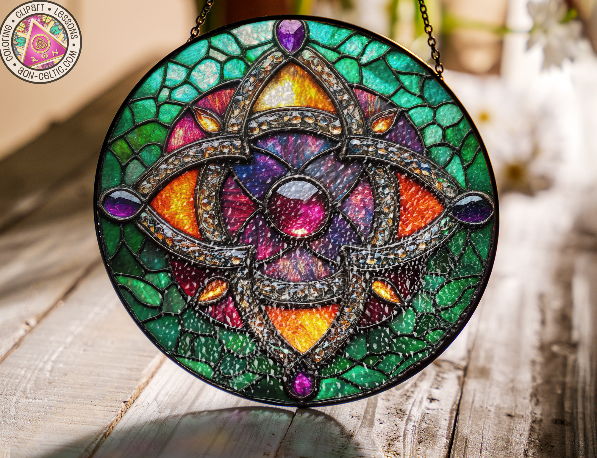 a stained glass sun catcher hanging on a chain