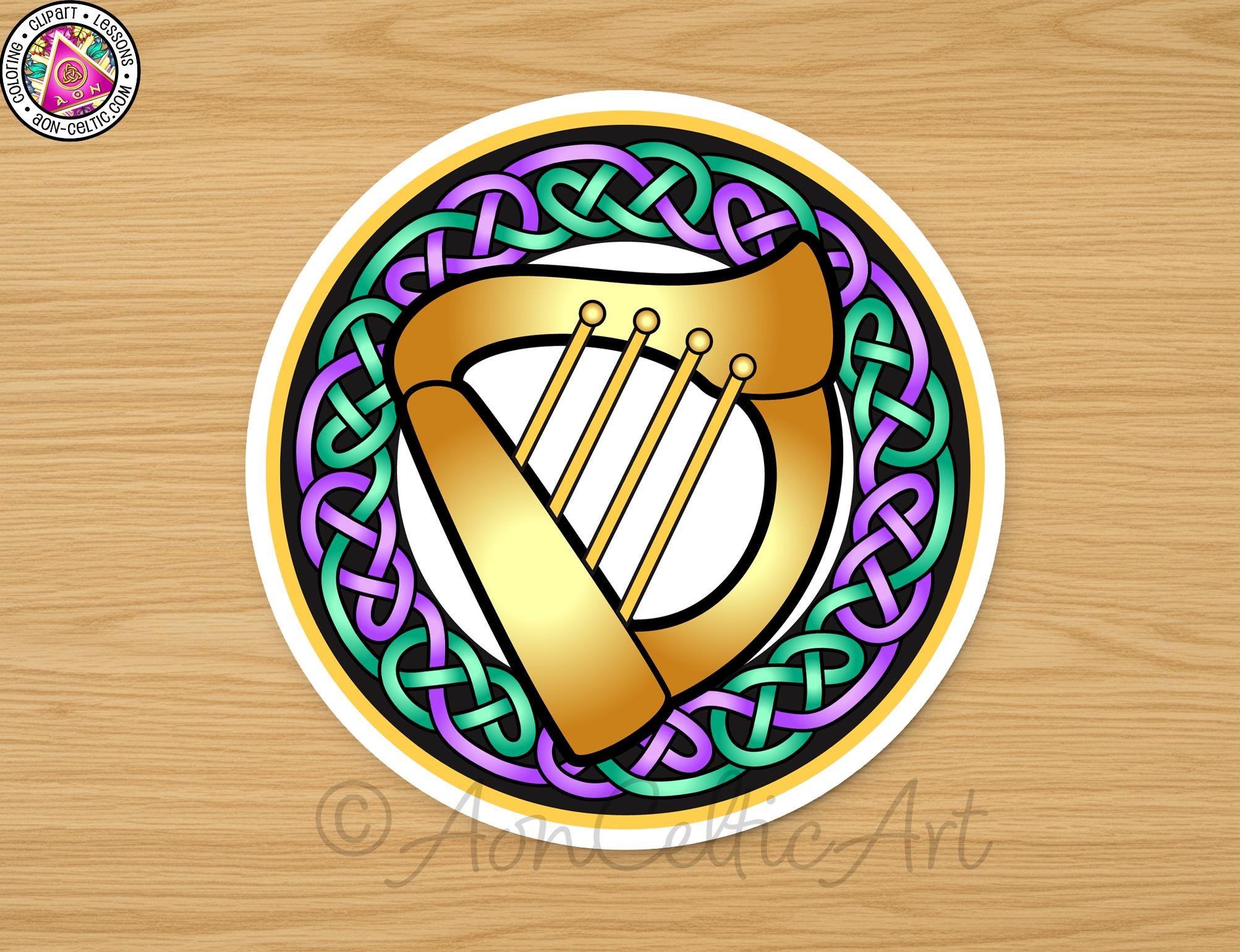A circular emblem featuring a golden harp surrounded by a colorful Celtic knot design.