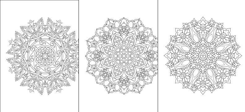 three coloring pages with different designs on them