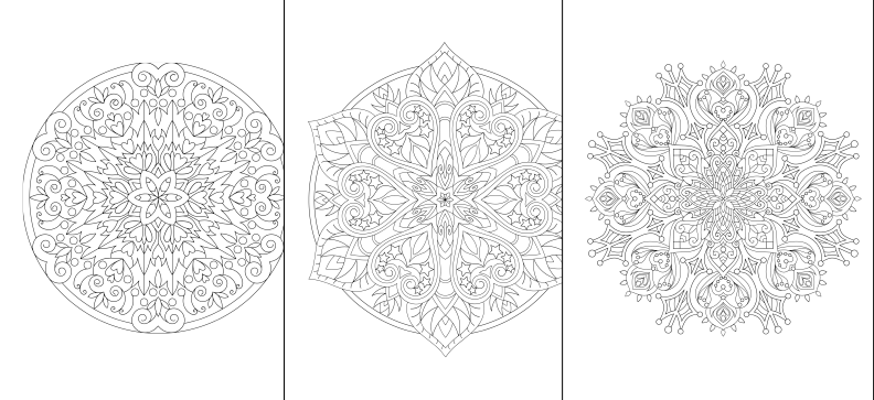 a set of three coloring pages with intricate designs