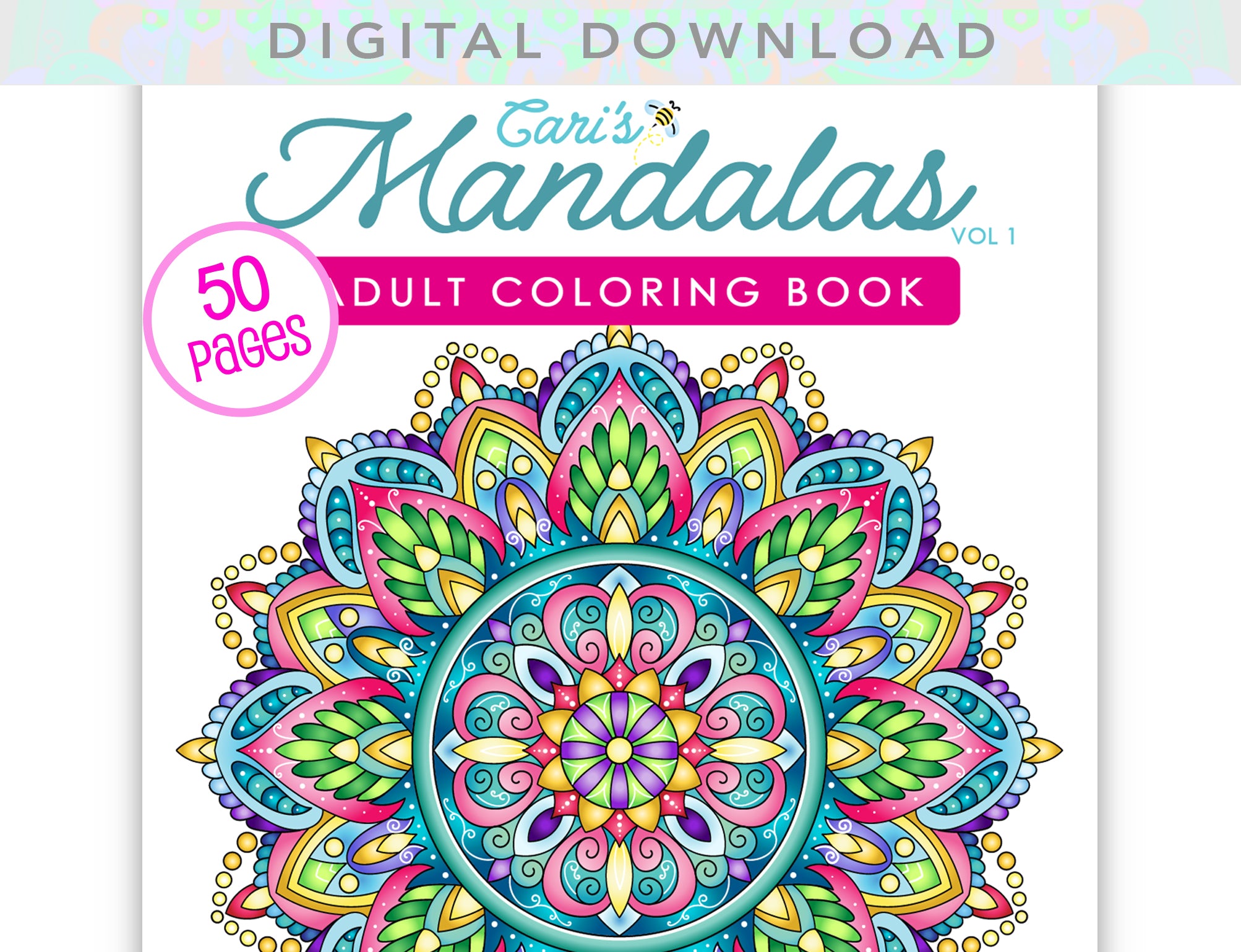 The image is a cover of a coloring book titled "Carli's Mandalas Vol 1", featuring a large mandala design with intricate patterns and colors.