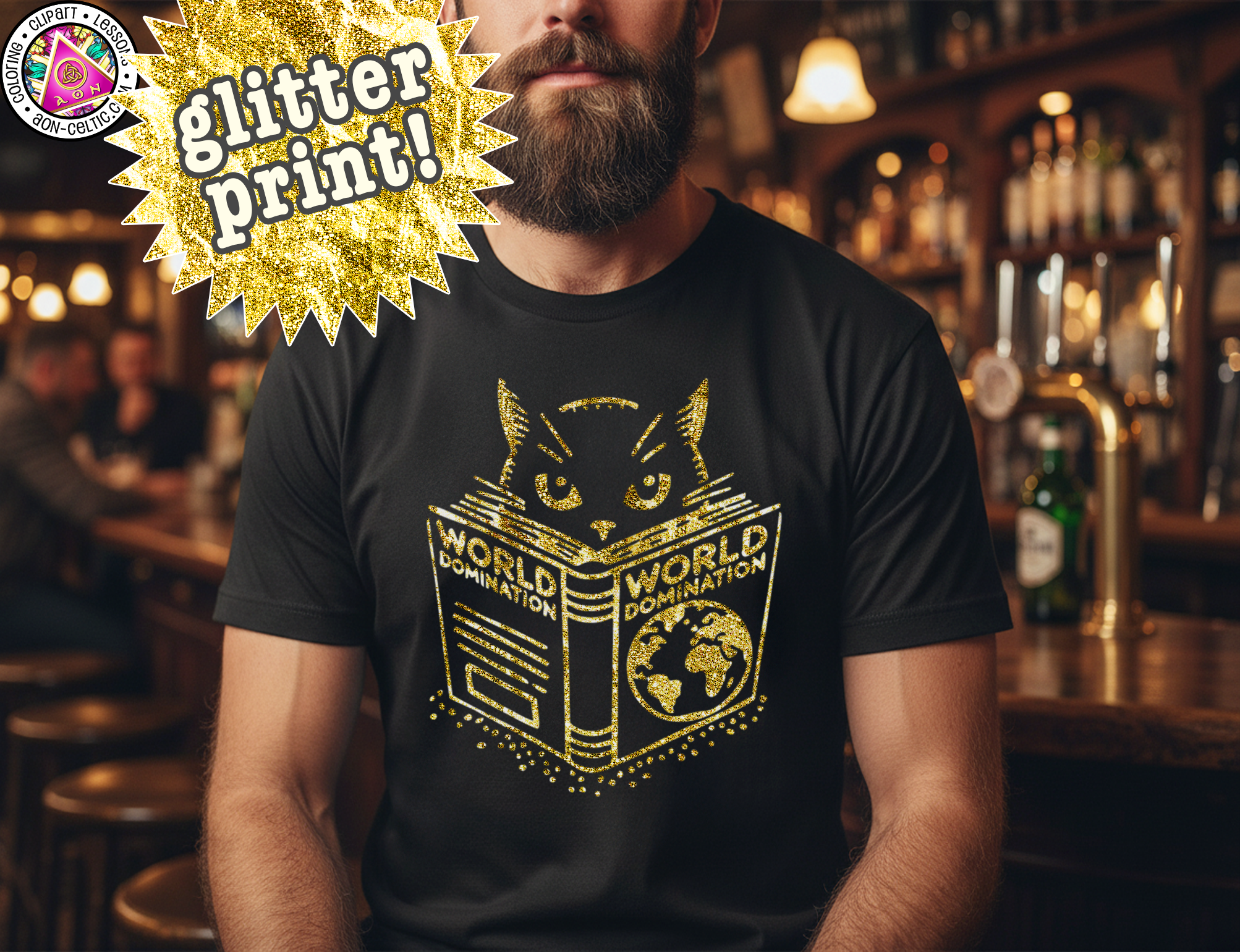 A man wearing a black t-shirt with a gold cat design and text printed on it, standing in a bar setting.