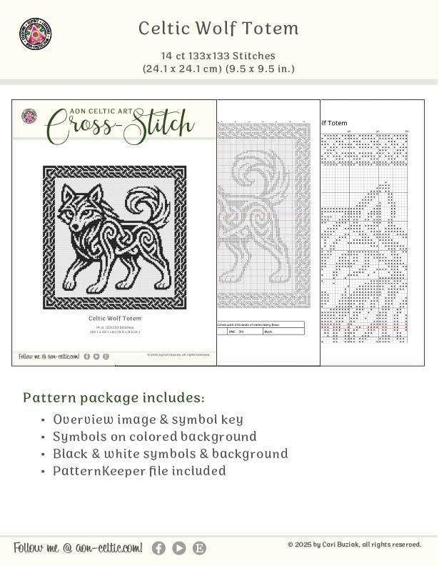 The image is a cross-stitch pattern featuring a Celtic wolf motif. The wolf is depicted in a stylized, intricate design with various symbols and patterns. The background is a mix of black and white, providing a contrast to the wolf's colors. The overall layout and design of the cross-stitch pattern suggest a detailed and artistic representation of the Celtic wolf motif.