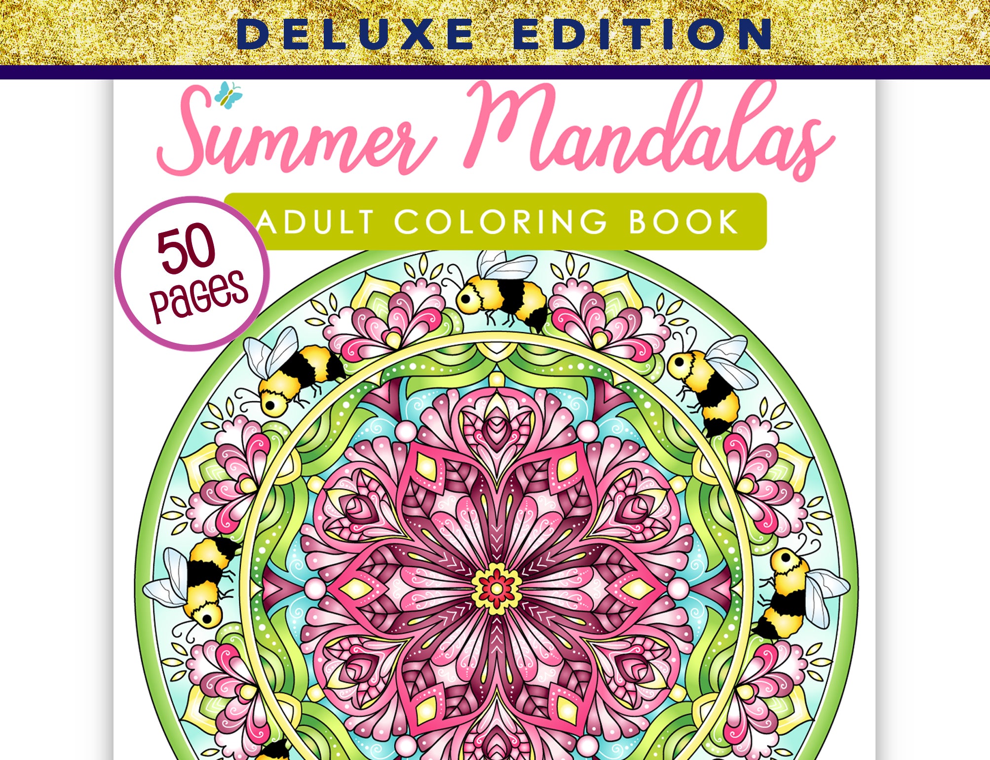 The image is an advertisement for a coloring book featuring a mandala design with bees and flowers.