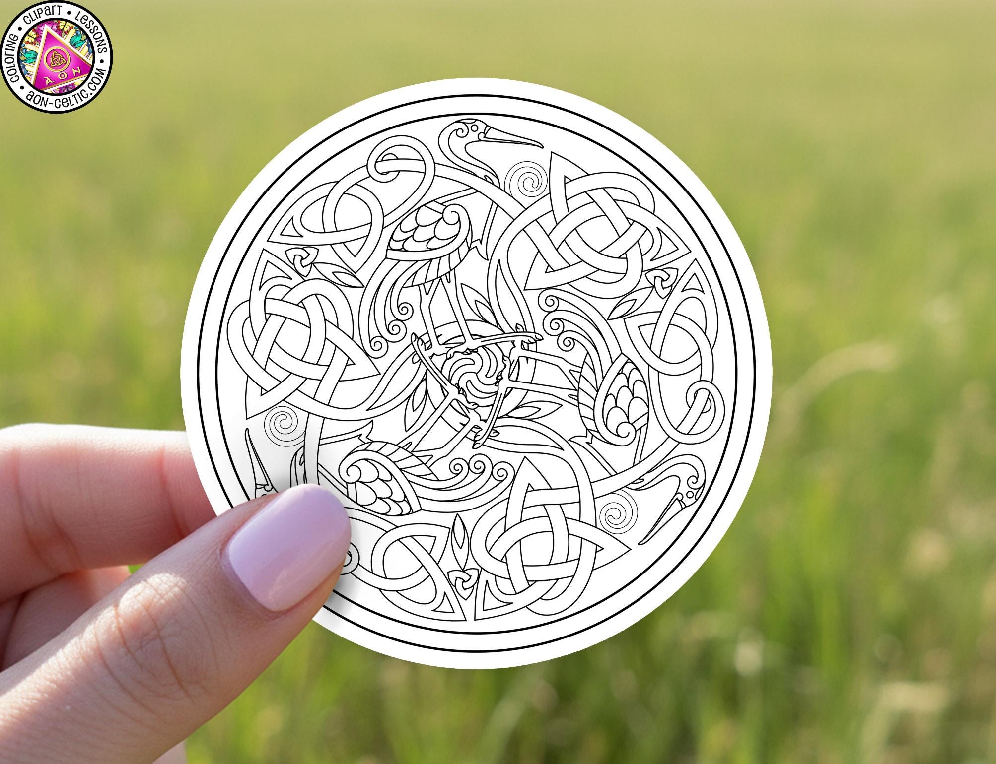 A hand holding a circular sticker with an intricate Celtic knot design.