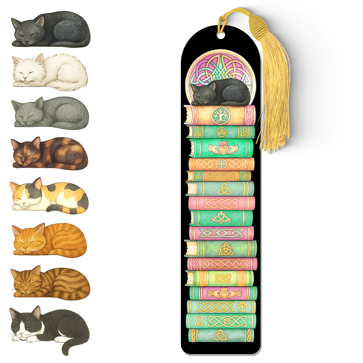 Celtic Cat Bookmark – Acrylic Sleeping Cat Design with Gold Tassel | Handcrafted Literary Gift