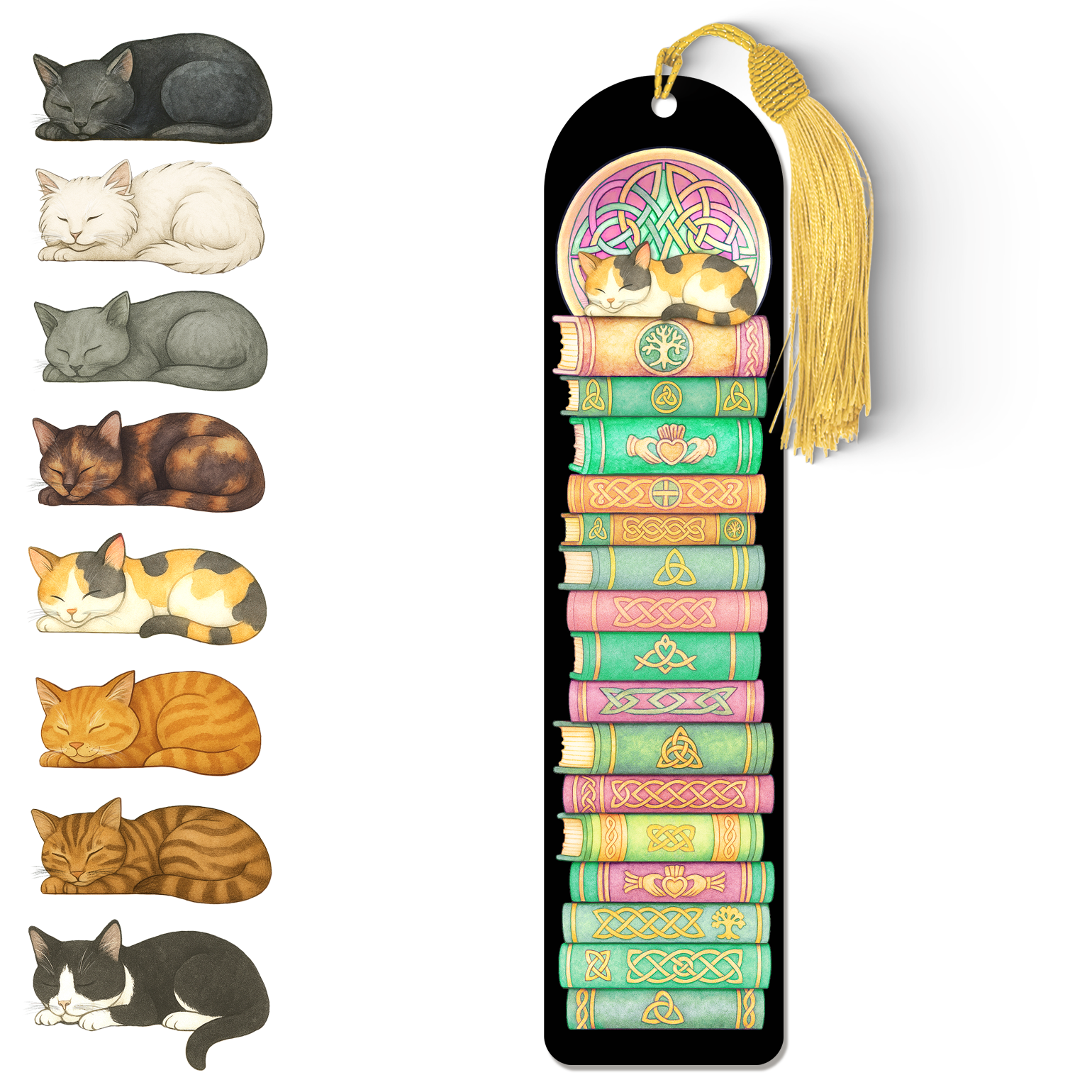 Celtic Cat Bookmark – Acrylic Sleeping Cat Design with Gold Tassel | Handcrafted Literary Gift