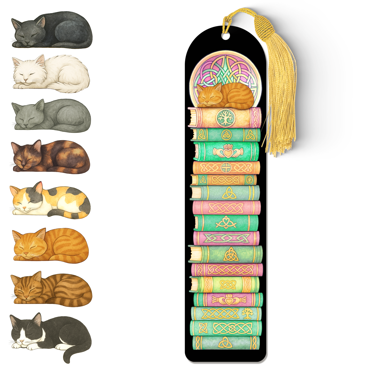 Celtic Cat Bookmark – Acrylic Sleeping Cat Design with Gold Tassel | Handcrafted Literary Gift