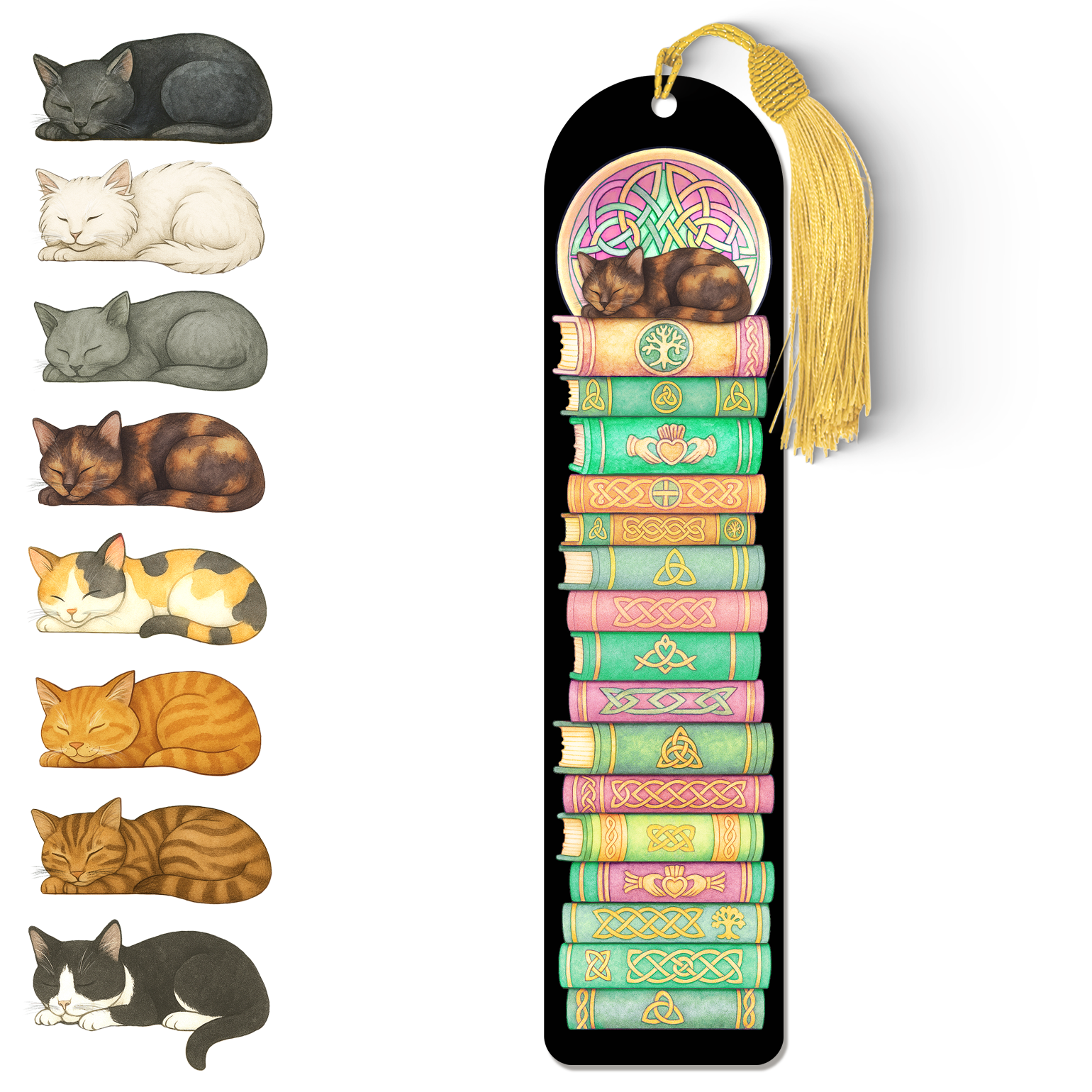 Celtic Cat Bookmark – Acrylic Sleeping Cat Design with Gold Tassel | Handcrafted Literary Gift