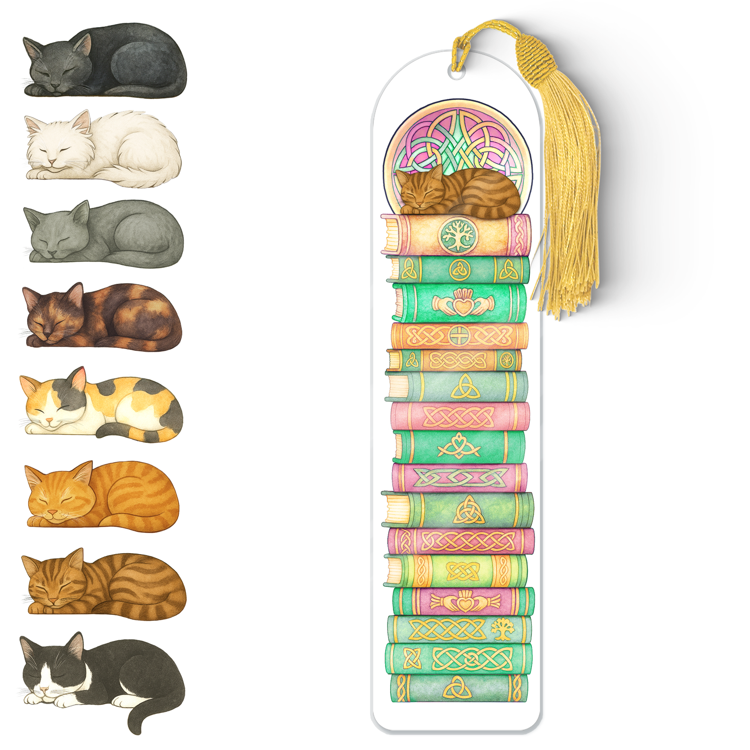 Celtic Cat Bookmark – Durable Acrylic Book Accessory with Gold Tassel