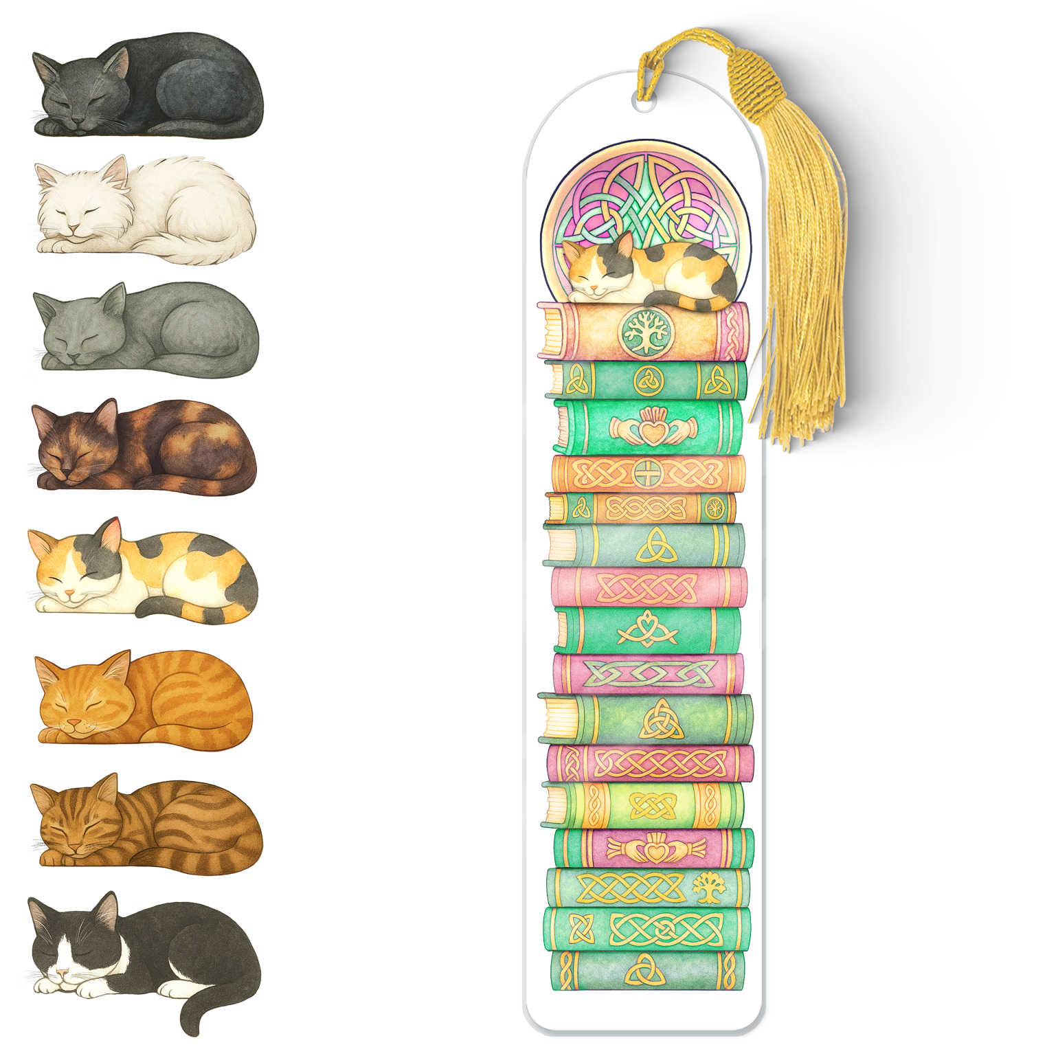 Celtic Cat Bookmark – Durable Acrylic Book Accessory with Gold Tassel