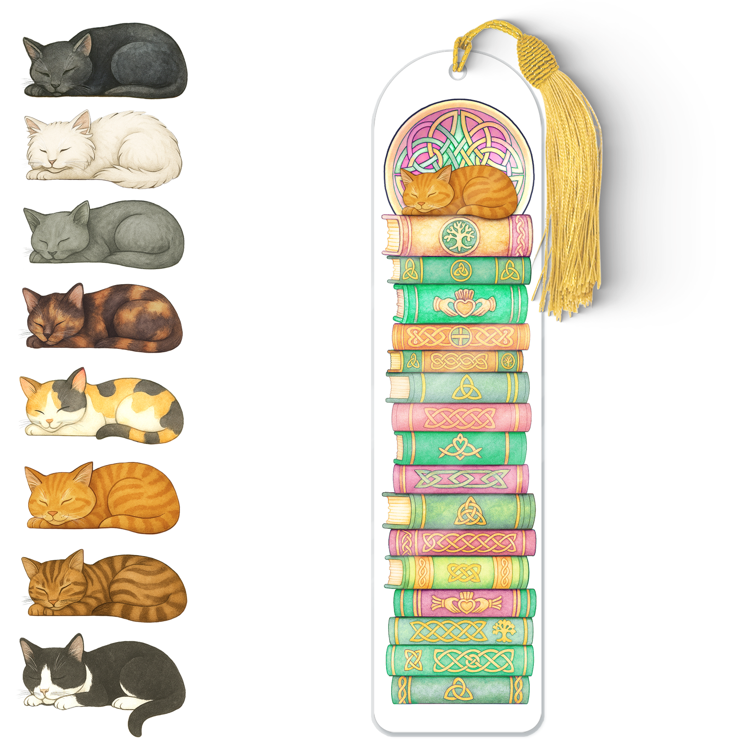 Celtic Cat Bookmark – Durable Acrylic Book Accessory with Gold Tassel