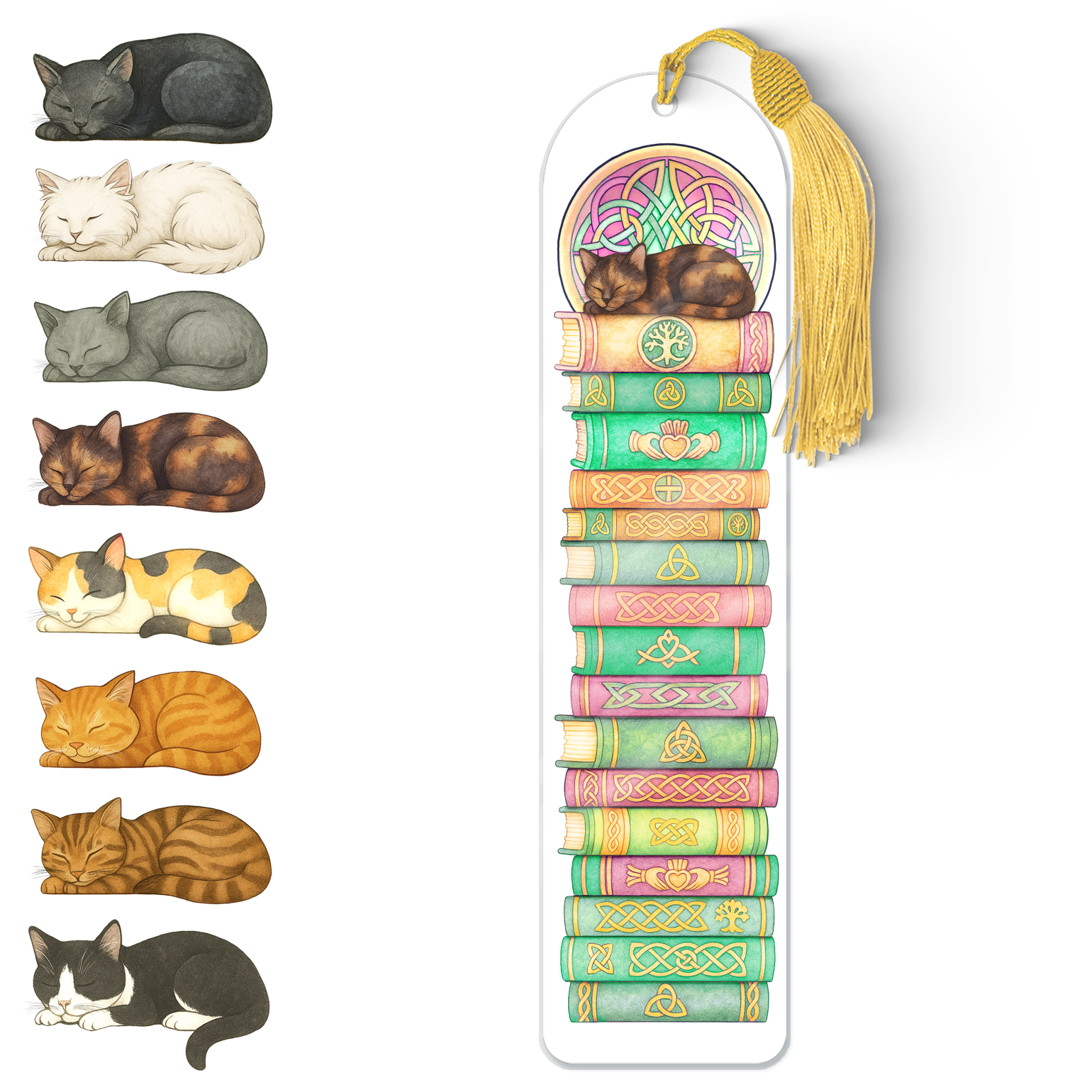 Celtic Cat Bookmark – Durable Acrylic Book Accessory with Gold Tassel
