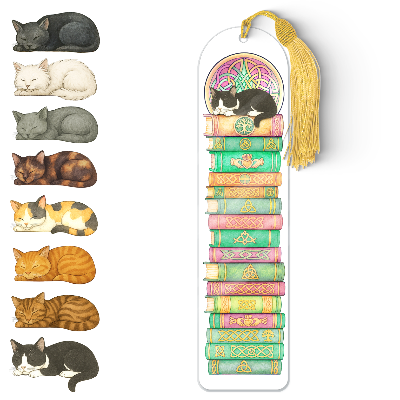 Celtic Cat Bookmark – Durable Acrylic Book Accessory with Gold Tassel
