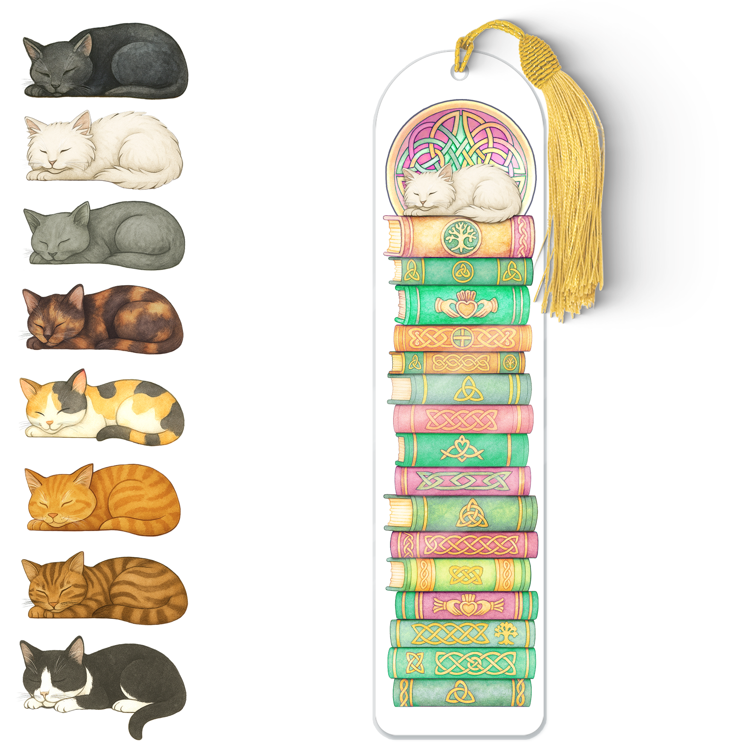 Celtic Cat Bookmark – Durable Acrylic Book Accessory with Gold Tassel