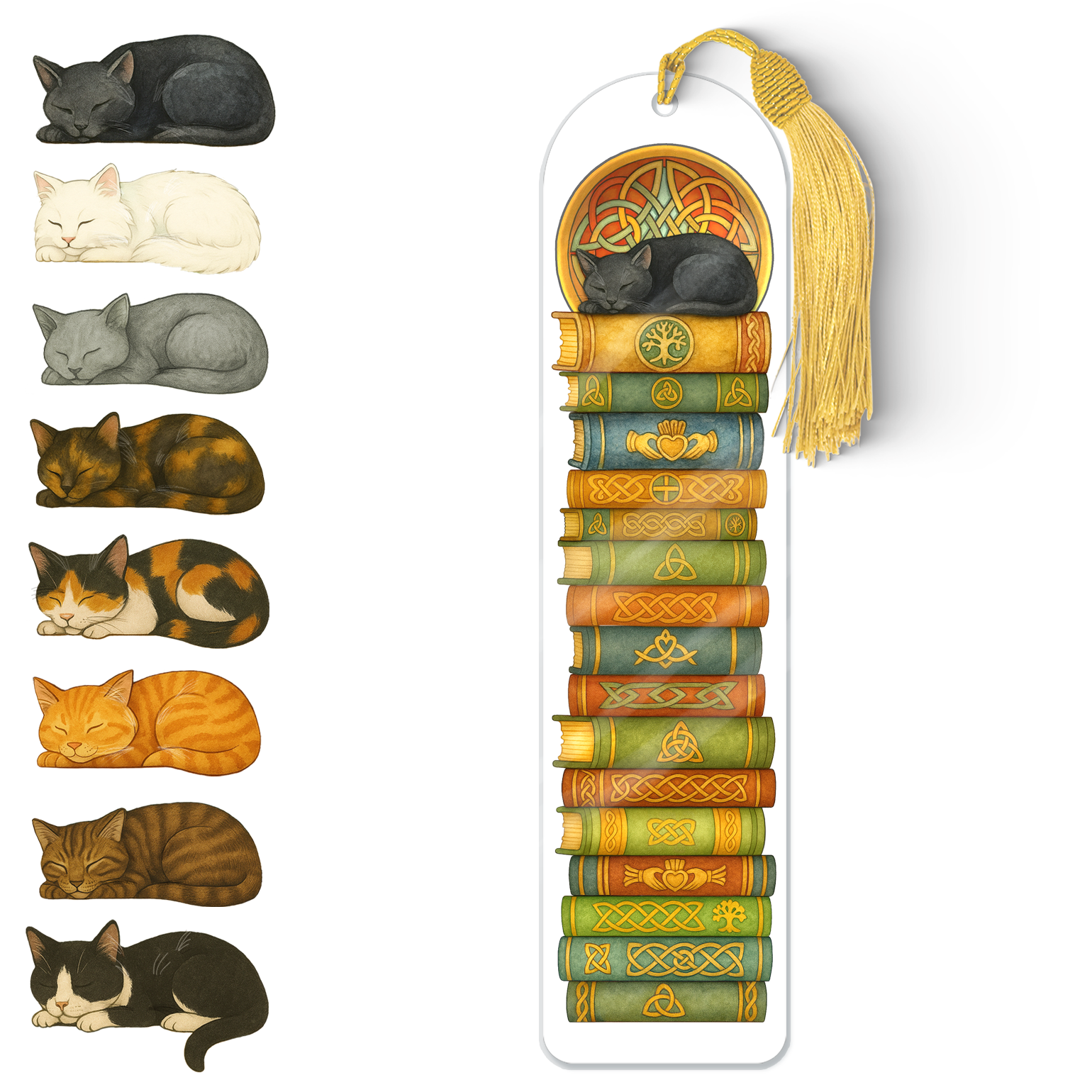 Celtic Cat Bookmark – Durable Acrylic Sleeping Cat Design with Gold Tassel