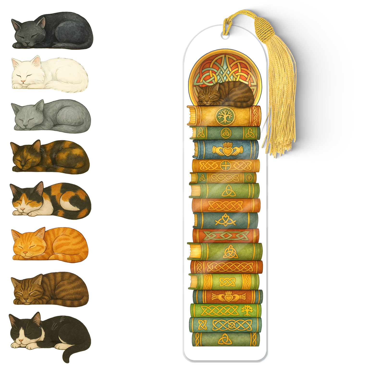 Celtic Cat Bookmark – Durable Acrylic Sleeping Cat Design with Gold Tassel