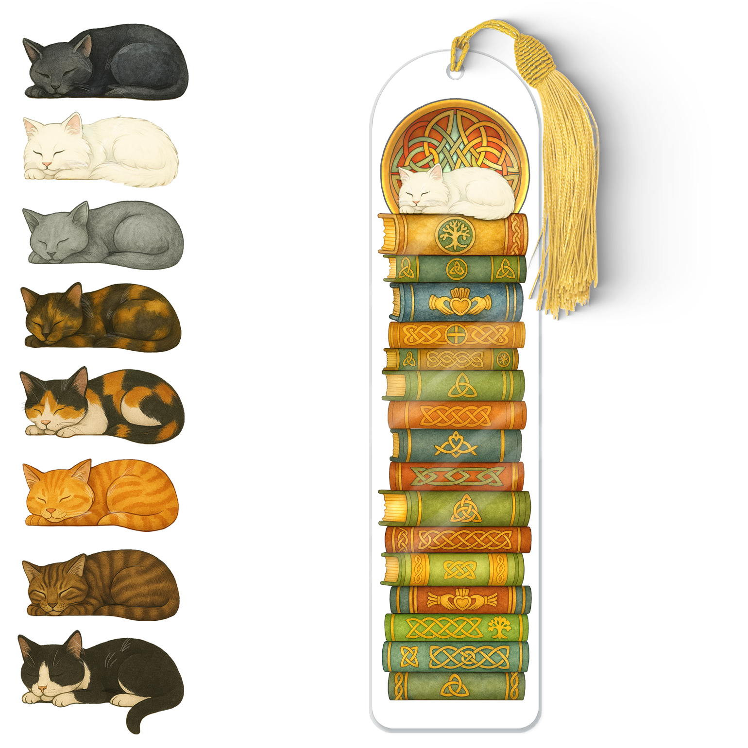 Celtic Cat Bookmark – Durable Acrylic Sleeping Cat Design with Gold Tassel