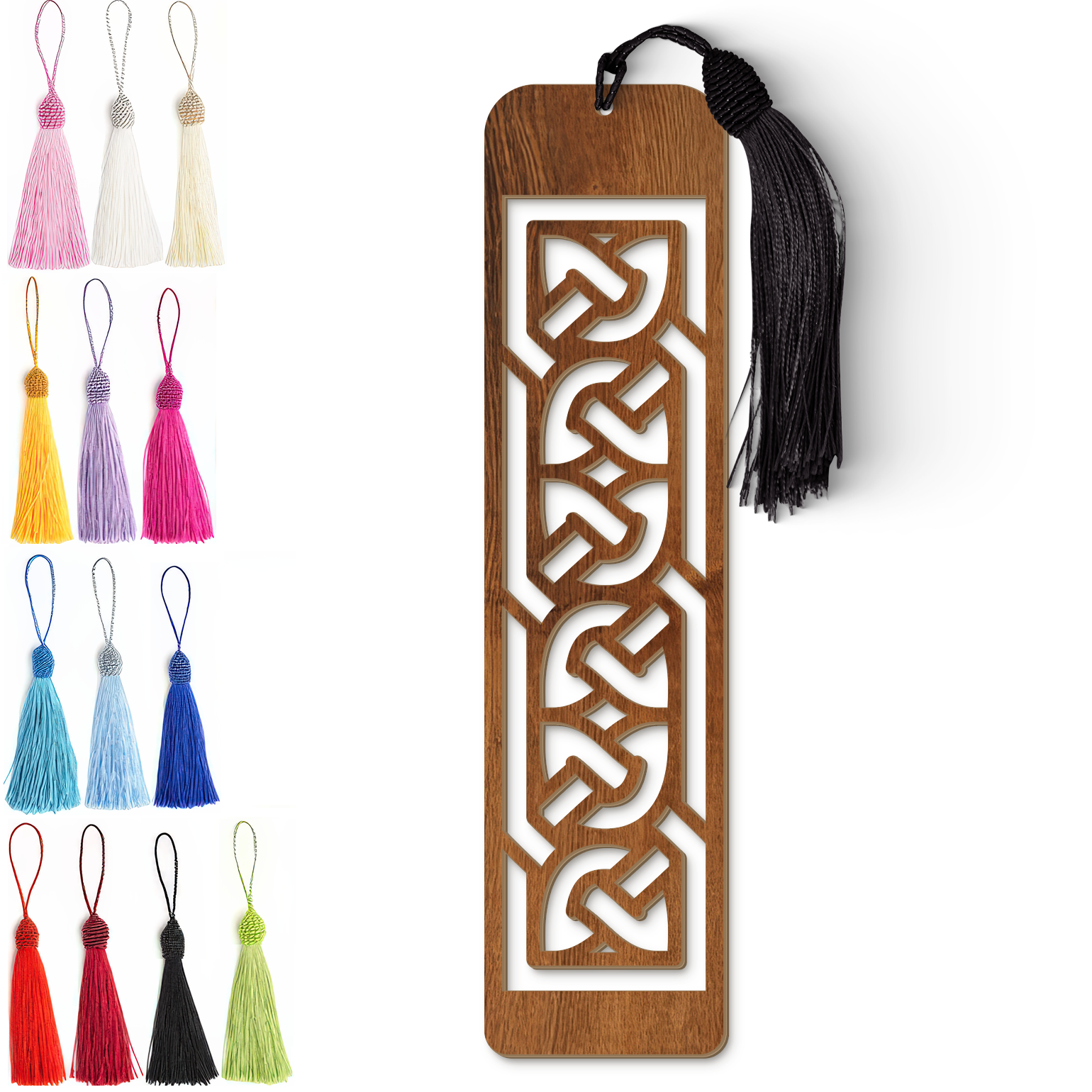 Celtic Wooden Bookmark – Laser Cut Interlocking Knot Design | Dark Wood Finish Tassel