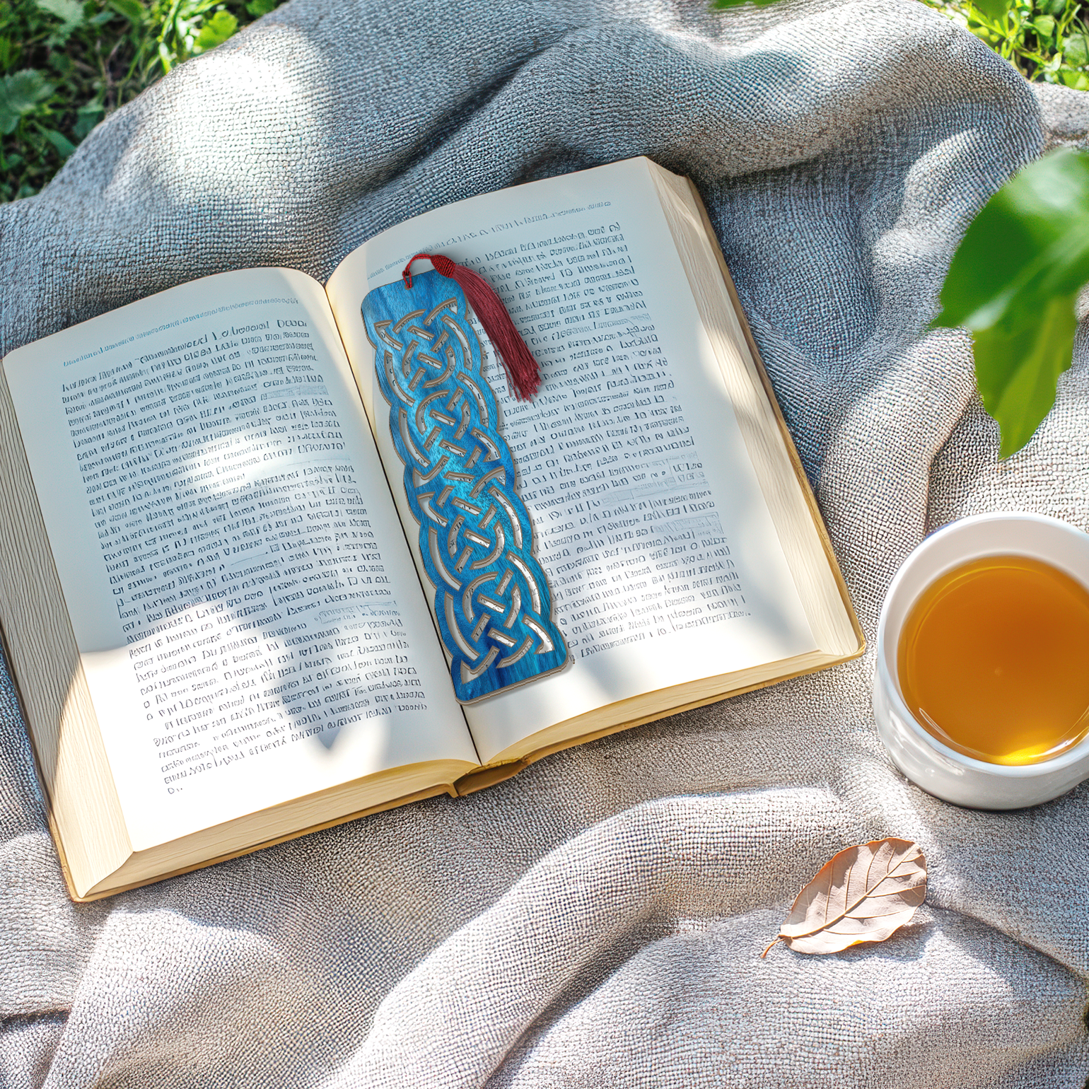 Celtic Wooden Bookmark – Handmade Laser Cut Blue Wood Knot Design with Tassel