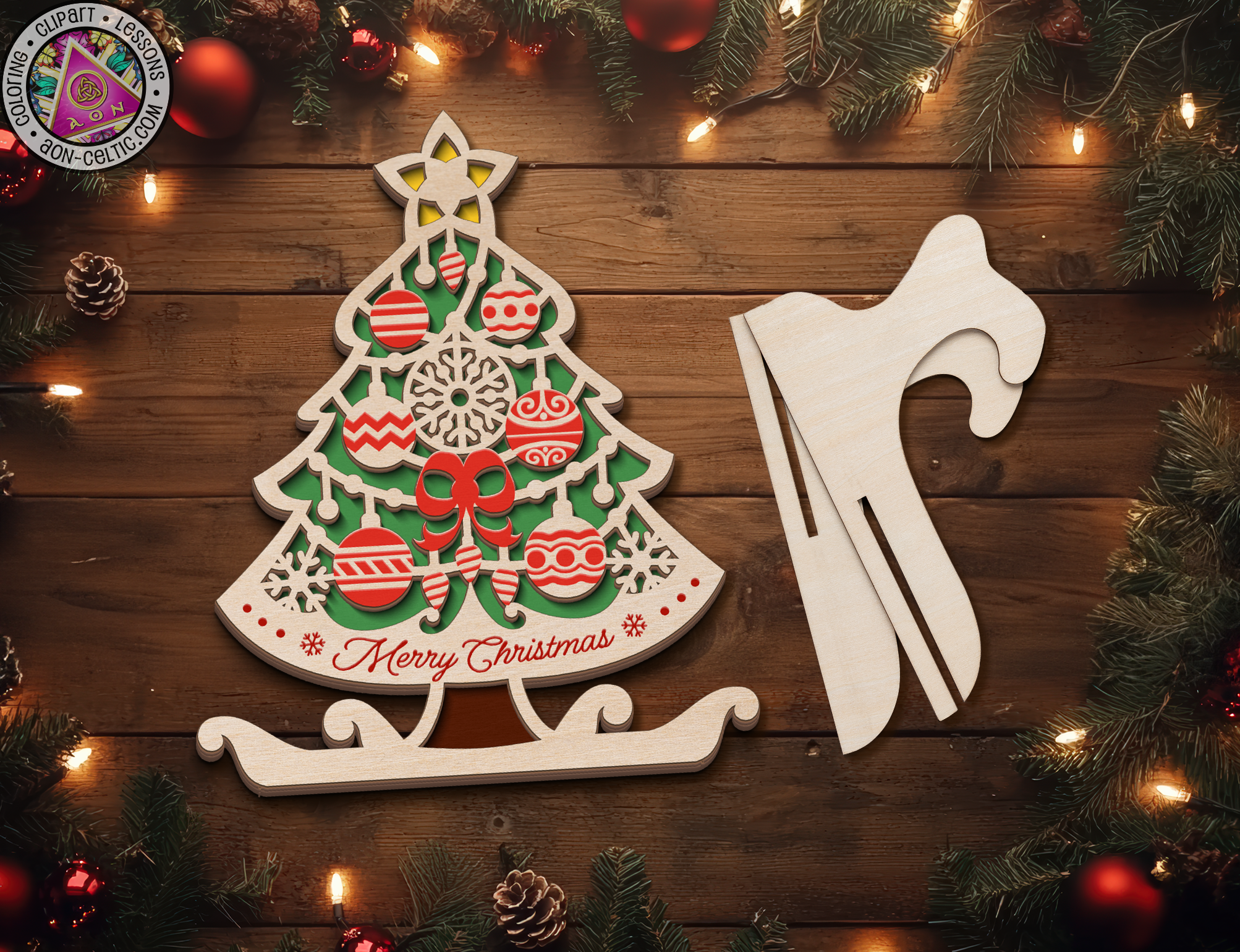 a wooden cutout of a christmas tree