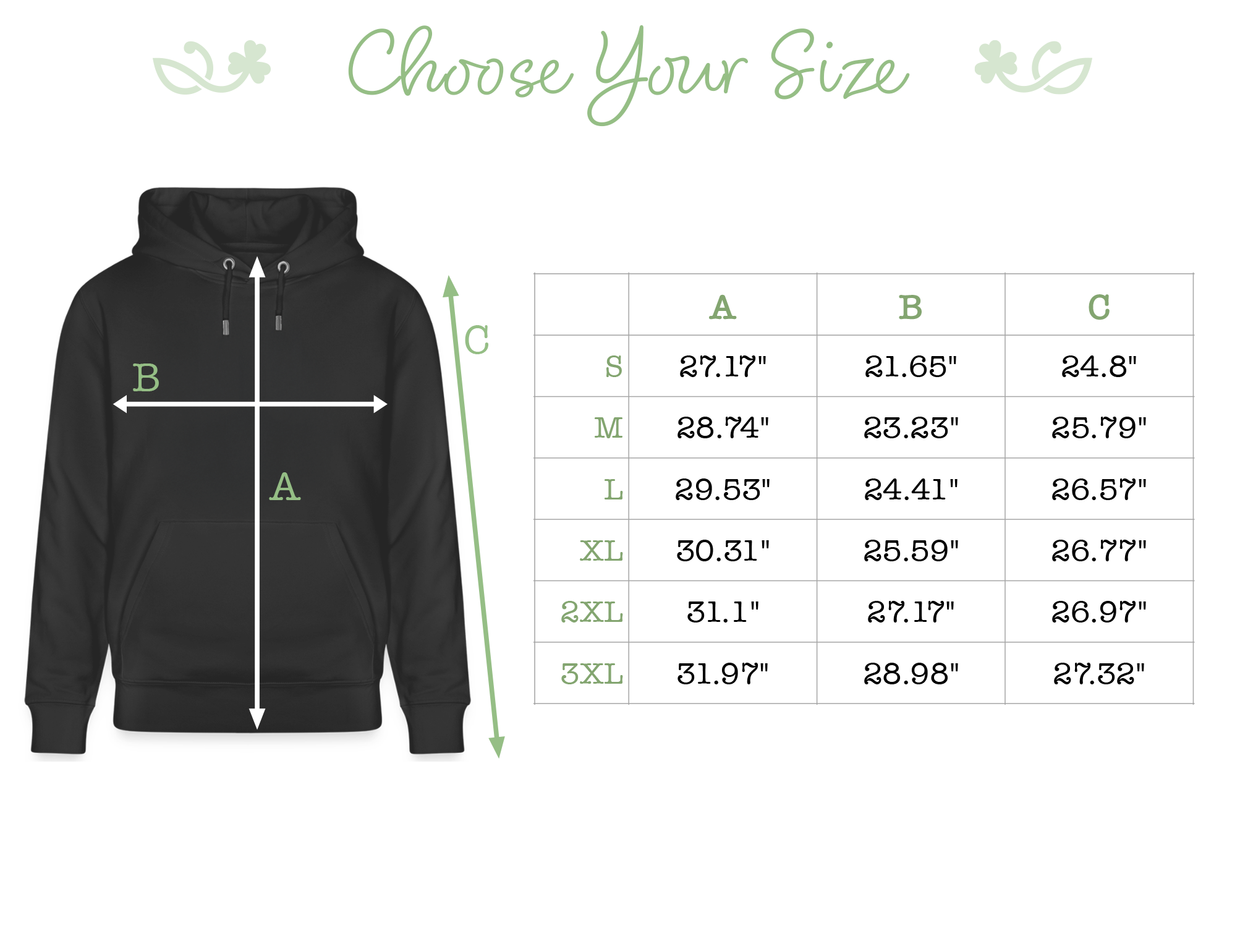 a black hoodie with measurements and sizes indicated in a table format.