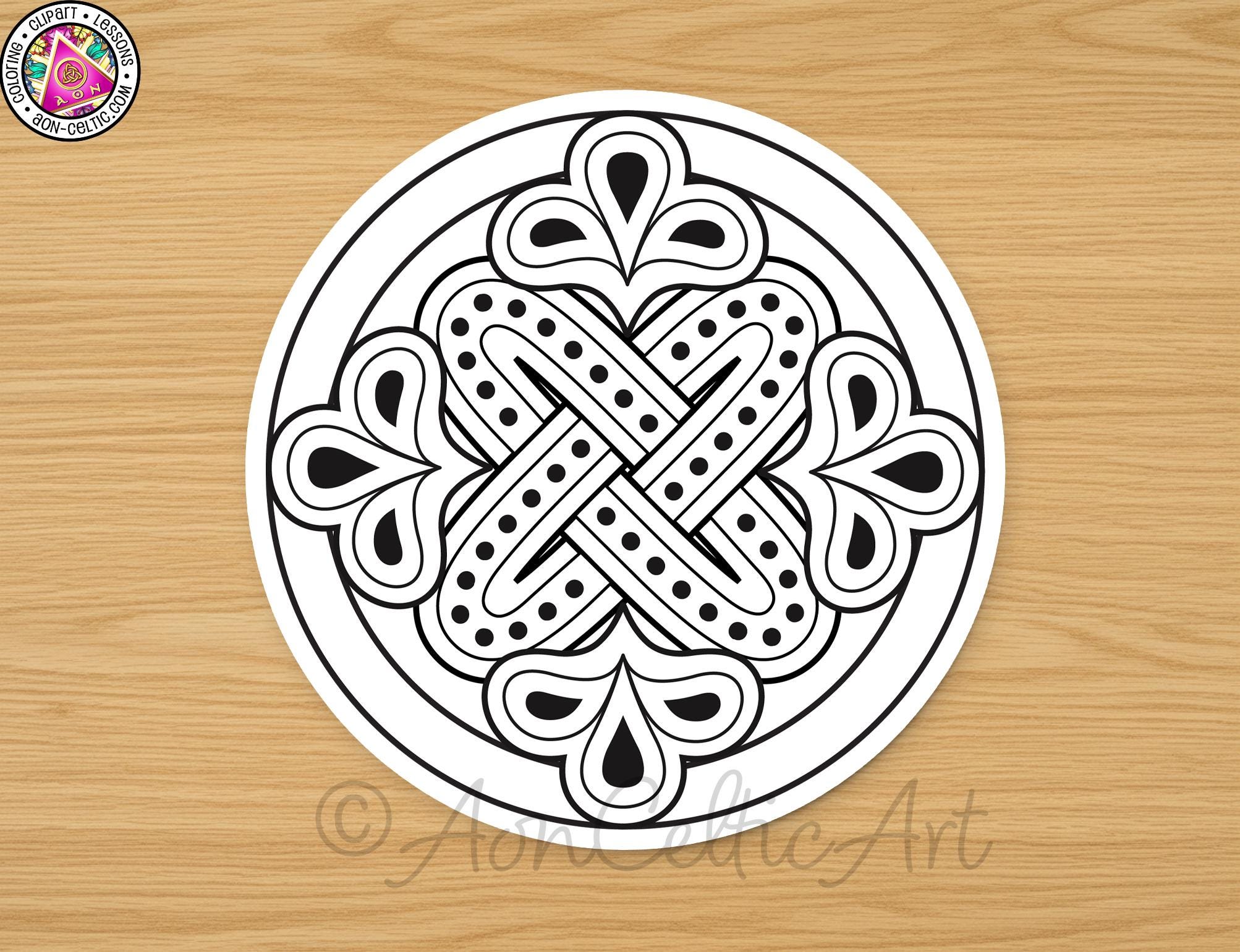 A circular design featuring a symmetrical pattern of black dots and lines, resembling a mandala or mandala-like motif.