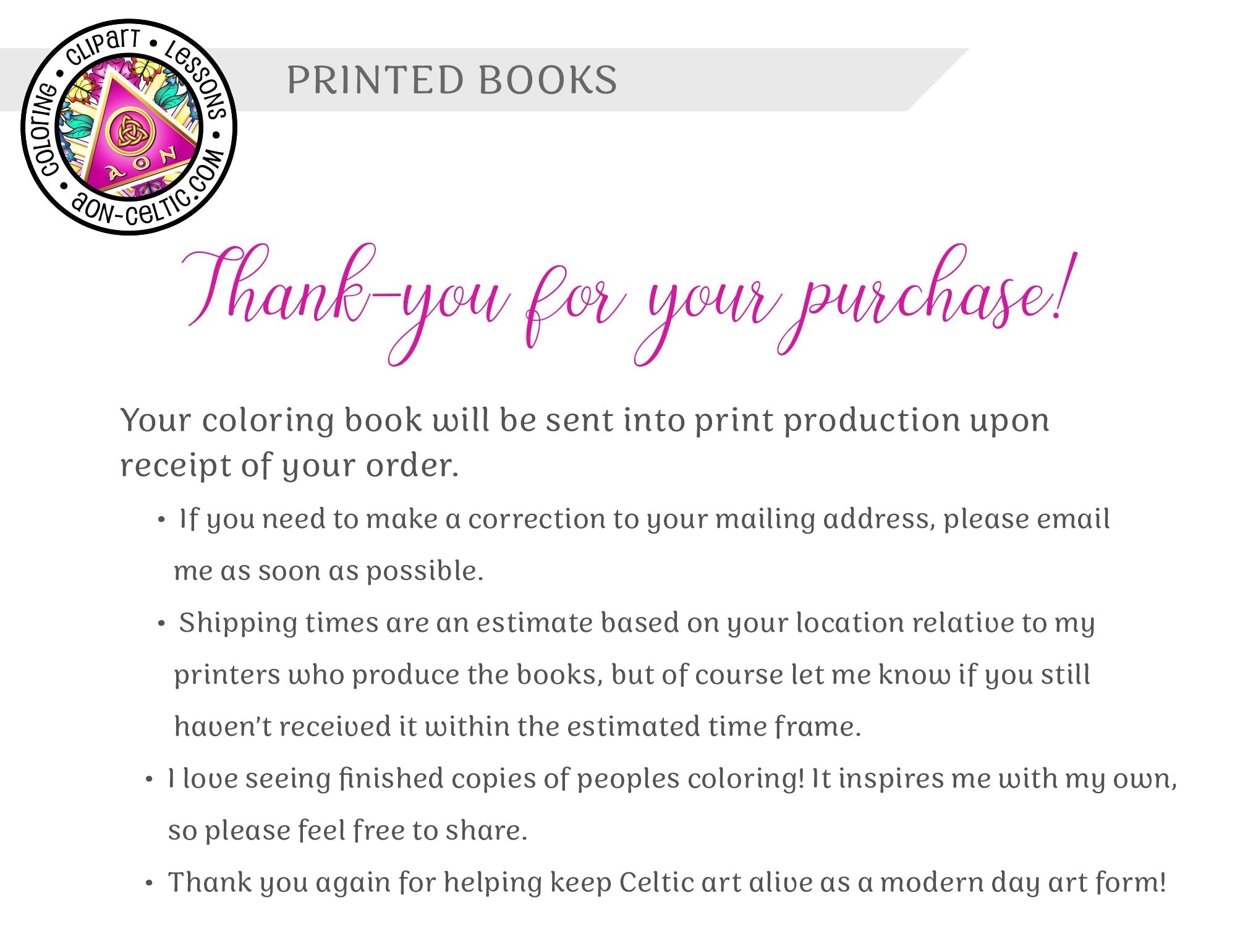 a thank you for your purchase from a printer