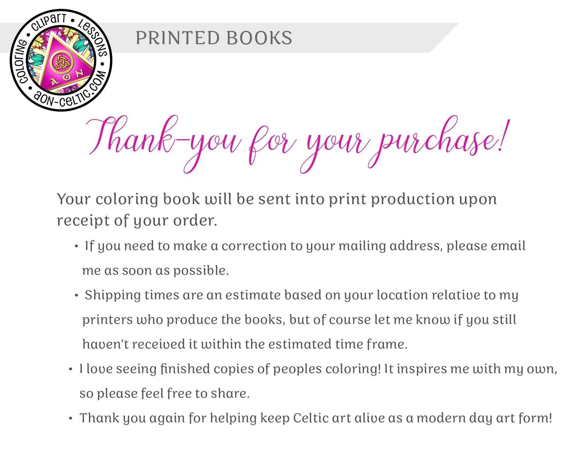 a thank you for your purchase from a printer