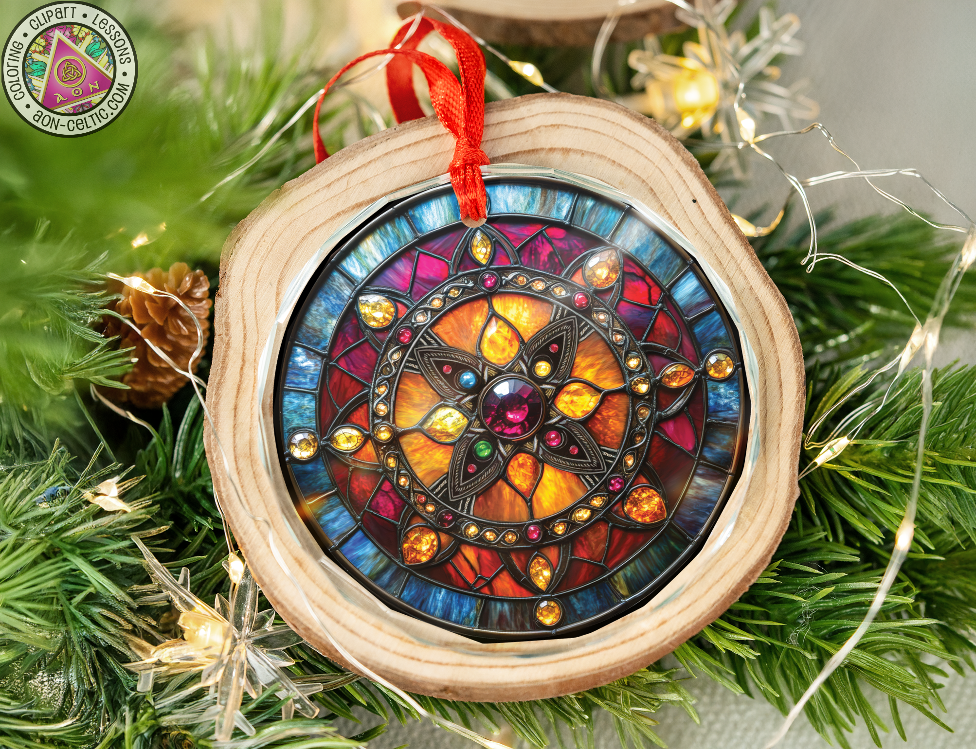 a stained glass ornament hanging from a christmas tree