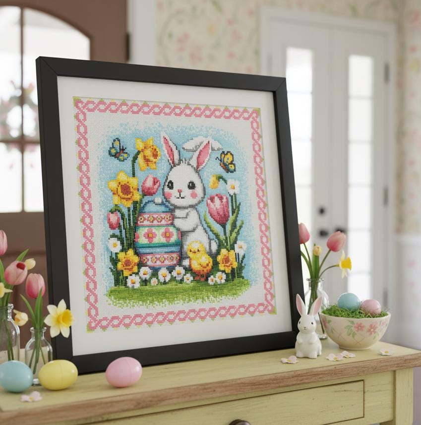 A framed cross-stitch image depicting a bunny surrounded by flowers and Easter eggs, placed on a wooden table with Easter decorations and flowers.
