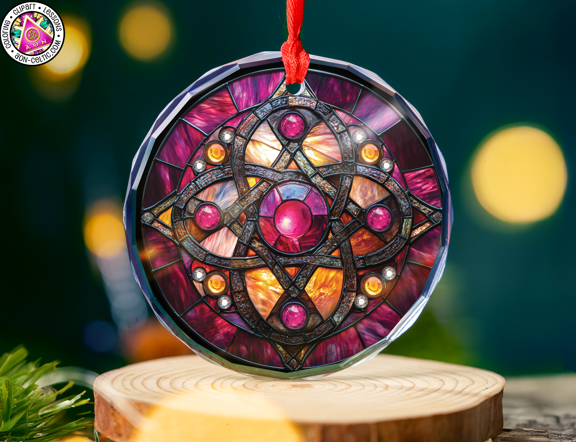 a colorful glass ornament hanging from a red string