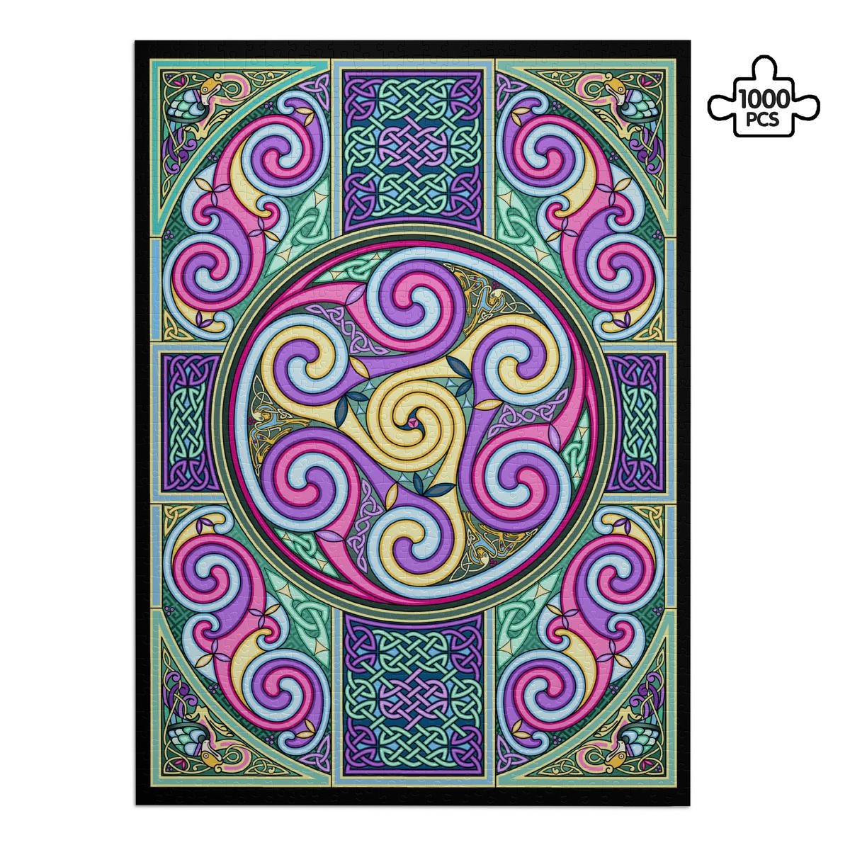The image is a colorful and intricate Celtic-inspired design featuring swirling patterns, shapes, and symbols in shades of pink, purple, green, and yellow.